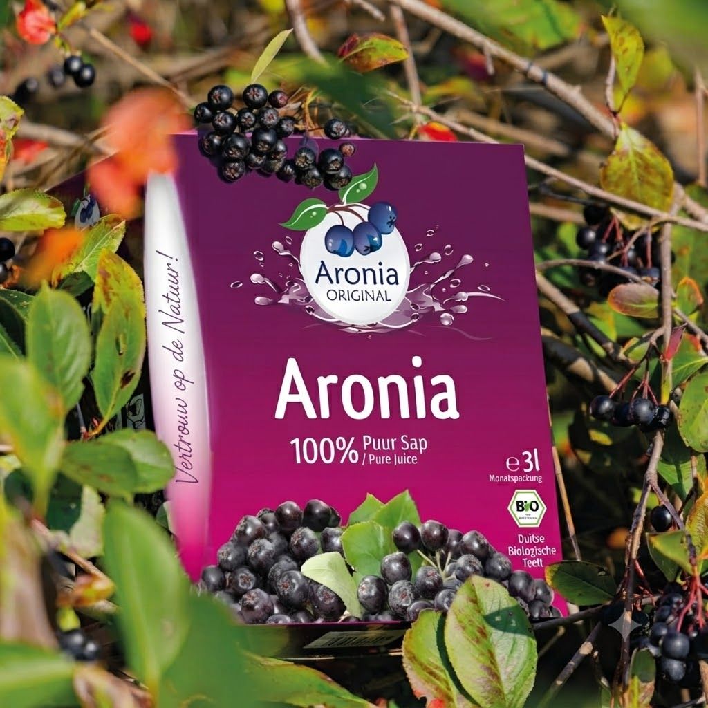 Aronia ORIGINAL Aronia Puur Sap 3L Box met aroniabessen en bio-keurmerk.
