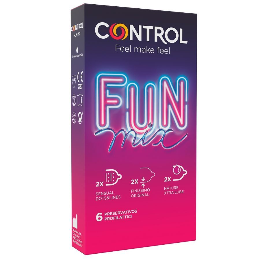 Boîte de préservatifs Control Fun Mix, 6 unités. Contient 2x Sensual Dots&Lines, 2x Finissimo Original, 2x Nature Xtra Lube.