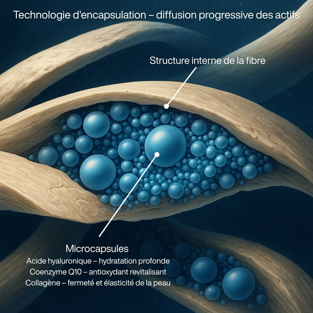 Fibres à microcapsules. Texte: Acide hyaluronique, Coenzyme Q10, Collagène.