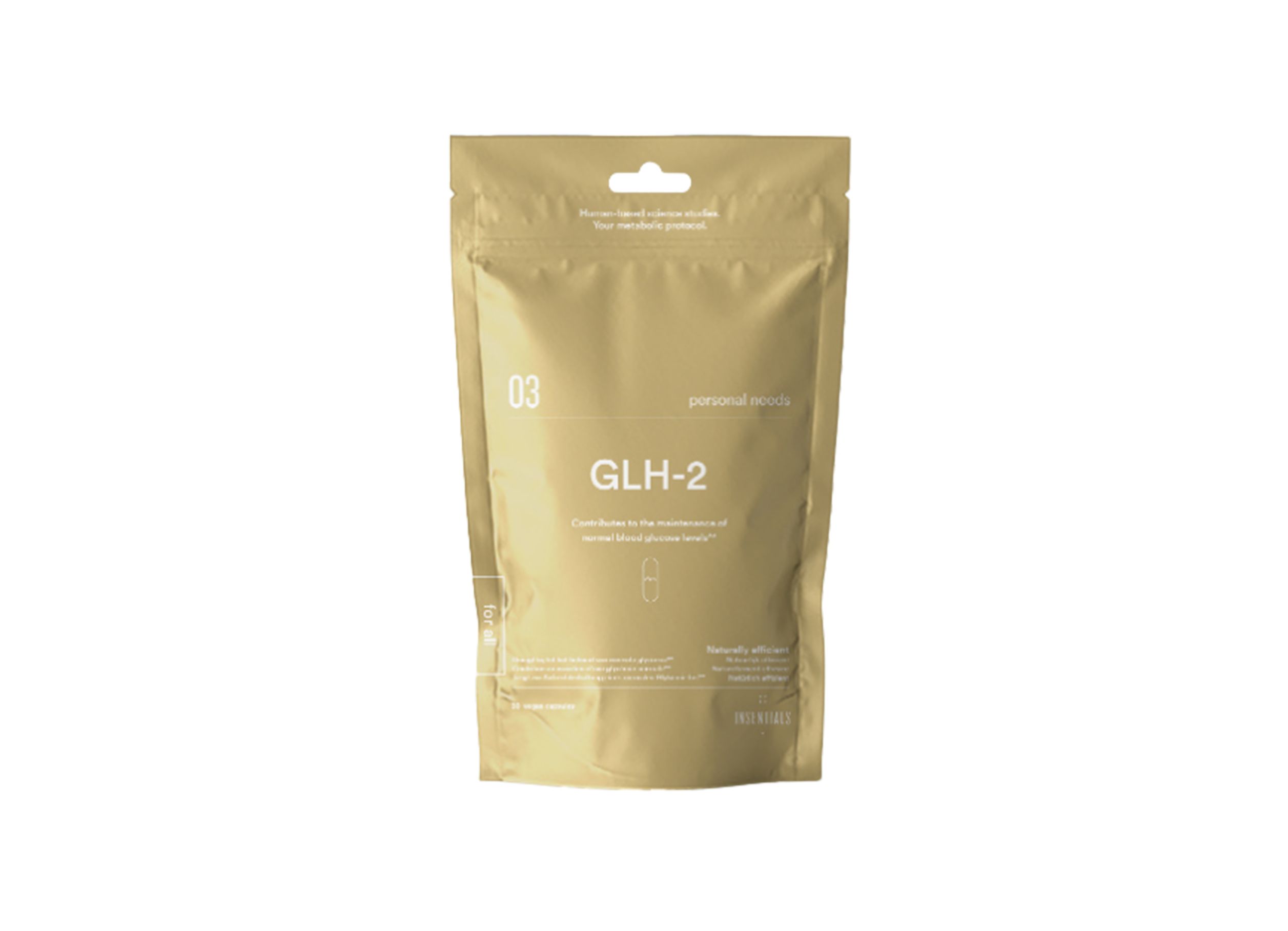 Gouden zakje met tekst "GLH-2". Verpakking met opdruk. De tekst "GLH-2" is zichtbaar op de voorkant.