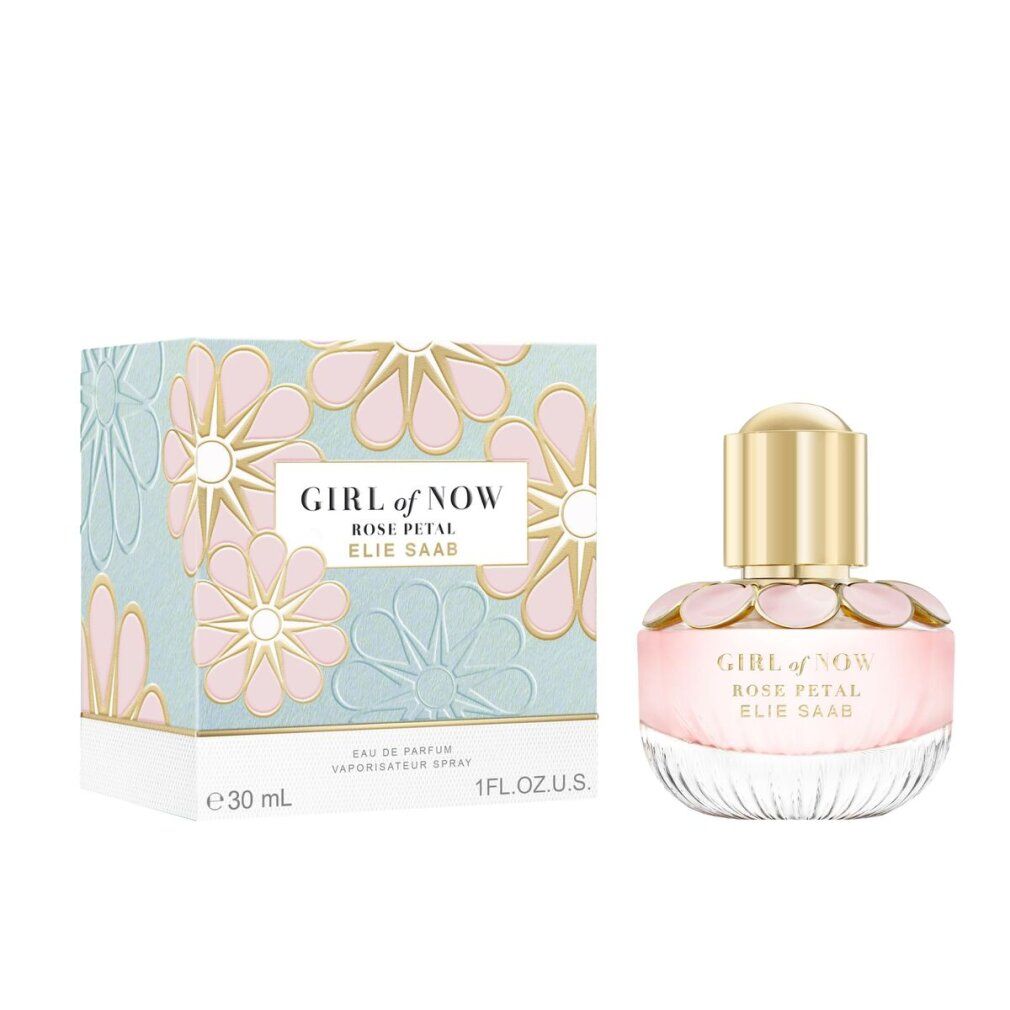 Flacon Elie Saab Girl of Now Rose Petal Eau de Parfum 30ml à côté de sa boîte assortie.