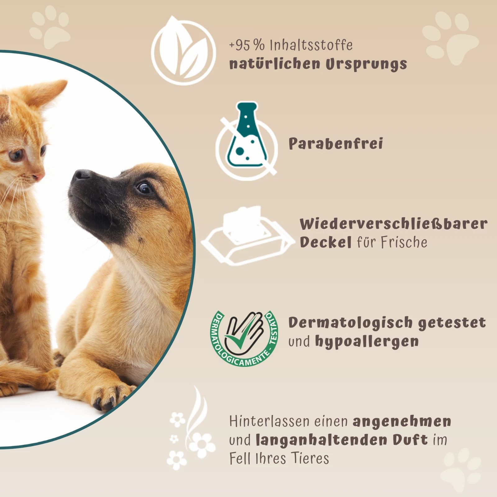 Chaton et chiot. Texte: +95% ingrédients d'origine naturelle, sans parabène, testé dermatologiquement. Couvercle refermable.