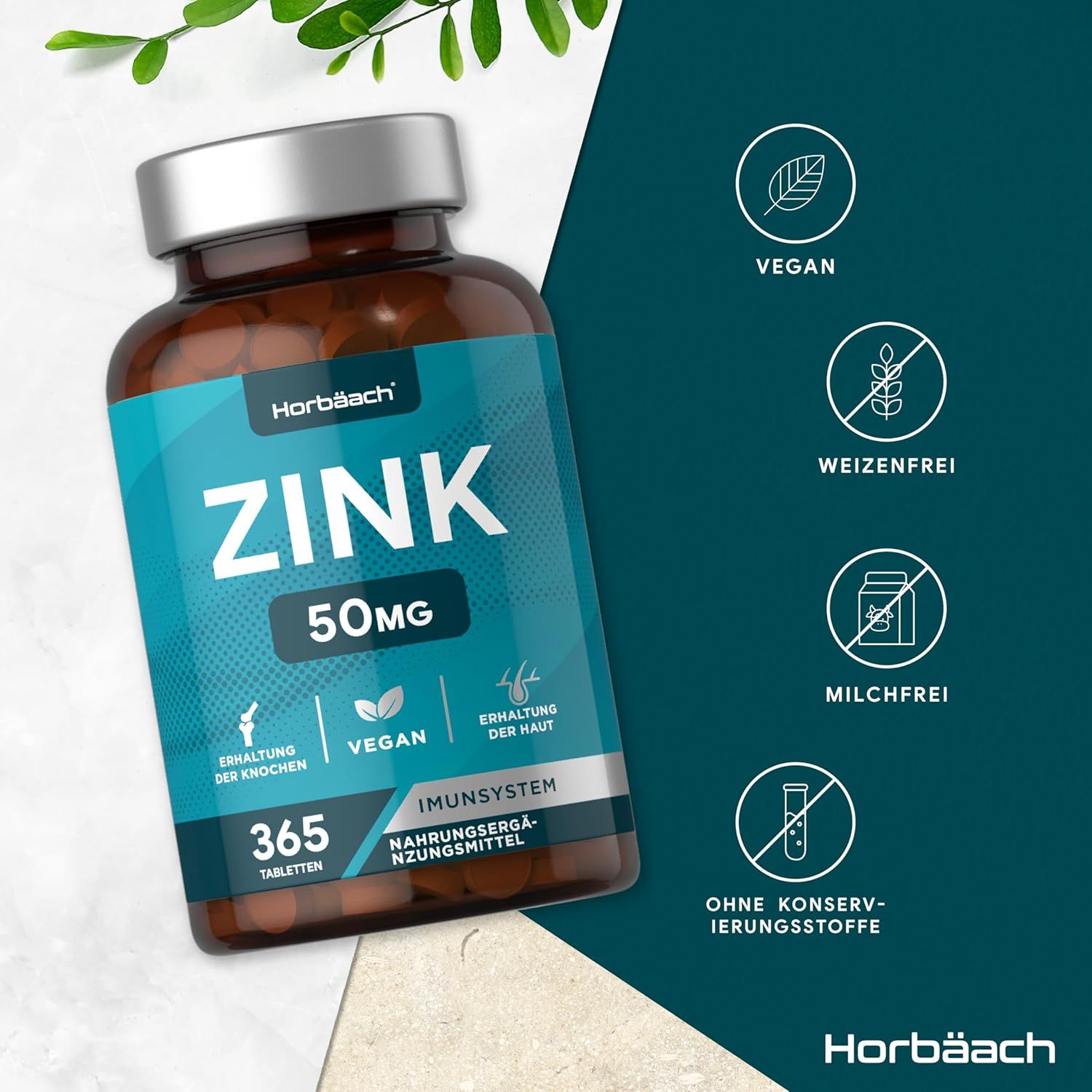 Horbaach zinktabletten fles. 365 tabletten, 50mg zink. Vegan, tarwevrij, zuivelvrij, zonder conserveringsmiddelen. Voor huid, botten, immuunsysteem.