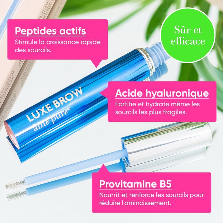 Un flacon bleu de sérum pour sourcils LUXE BROW avec applicateur argenté. Le texte souligne les peptides, l'acide hyaluronique et la provitamine B5.