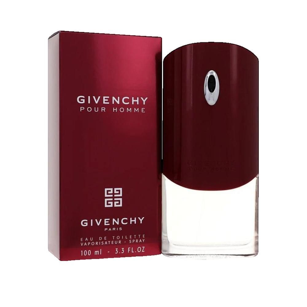 Givenchy Pour Homme Eau de Toilette. Rode flacon en verpakking. Logo en tekst Givenchy.