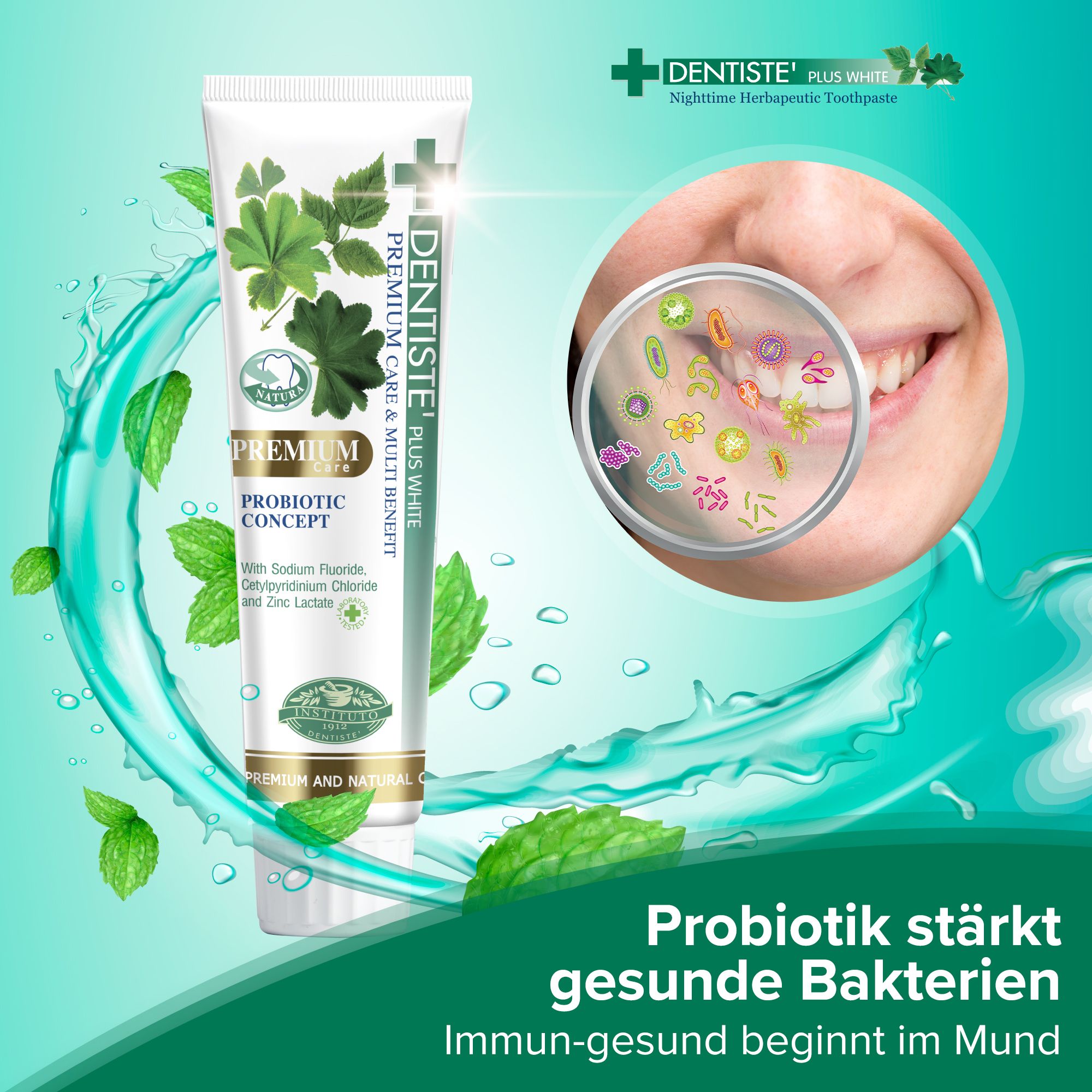 Tube de dentifrice avec texte et illustrations. Les probiotiques renforcent les bonnes bactéries. Premium Care & Multi Benefit. Avec fluorure.