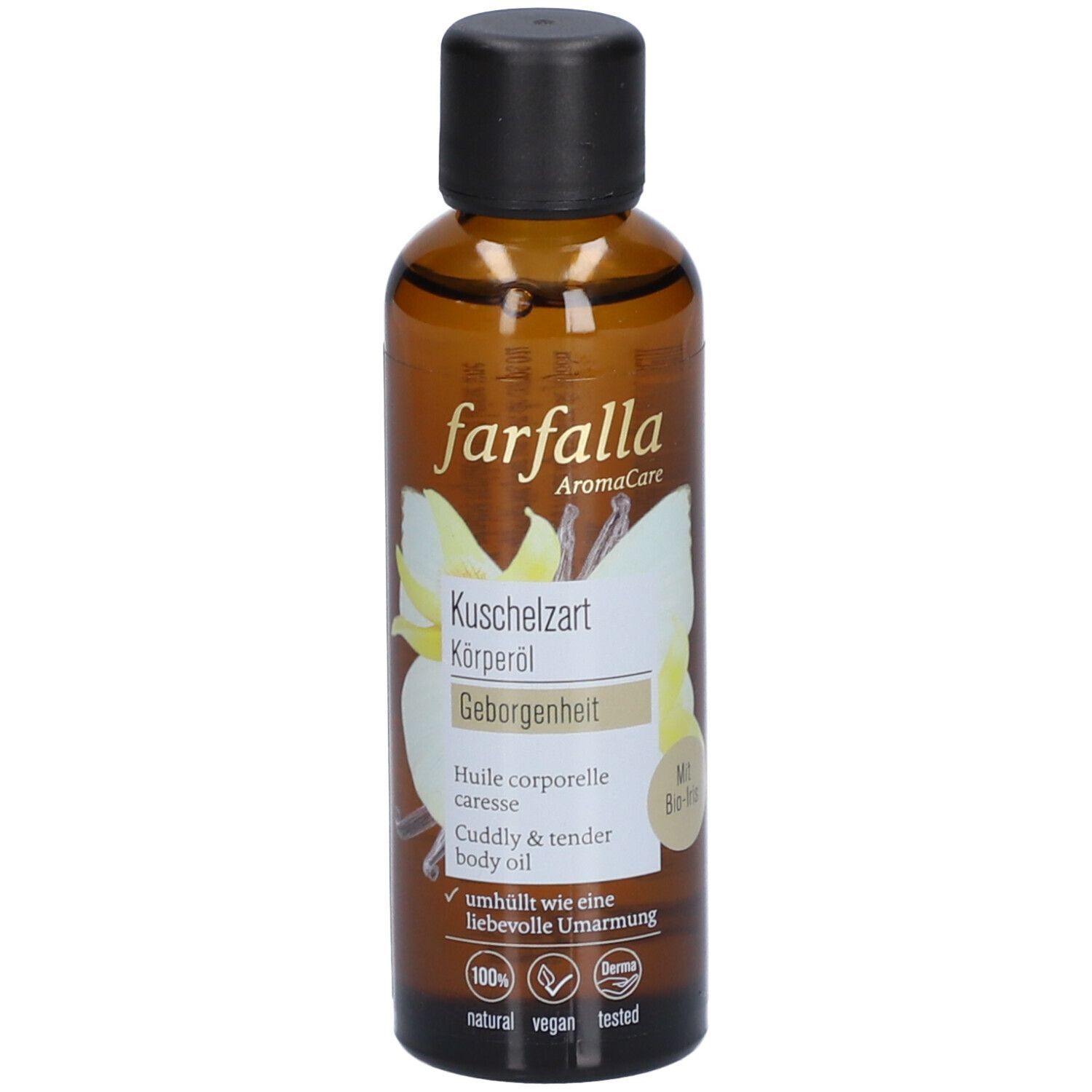 Bruine glazen fles met zwarte dop. Opschrift: farfalla AromaCare, Kuschelzart Körperöl, Huile corporelle caresse, Cuddly & tender body oil.