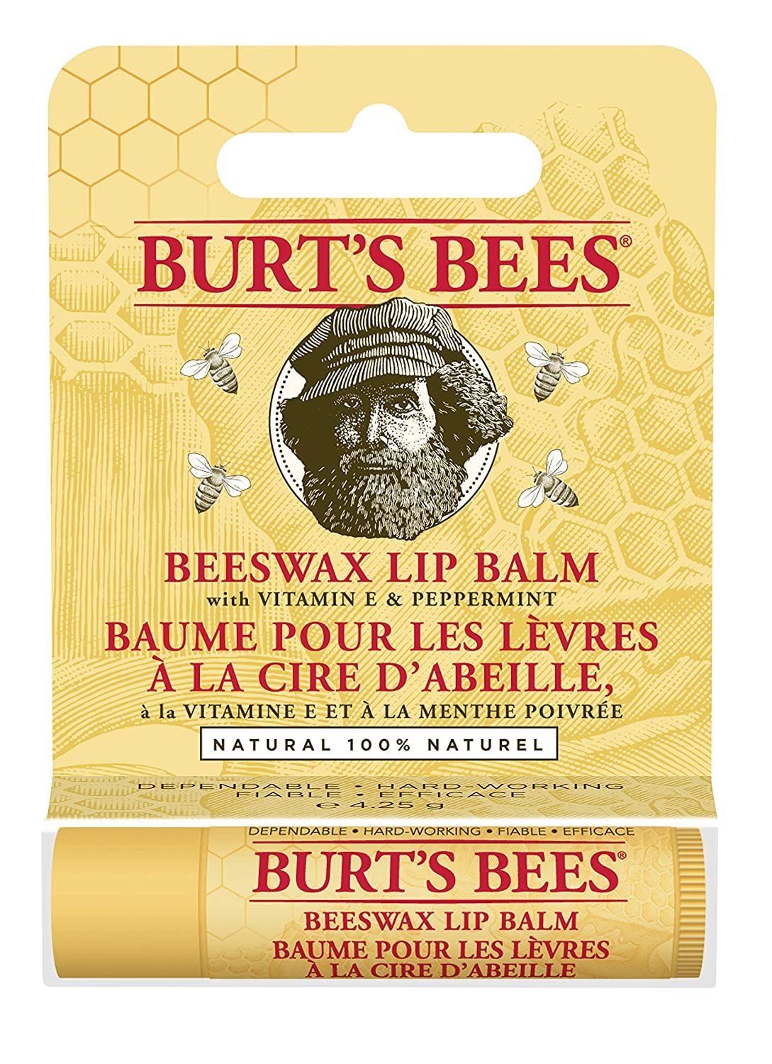 Emballage avec baume à lèvres. Inscription : BURT'S BEES, Baume pour les lèvres à la cire d'abeille. Image d'un homme avec des abeilles.