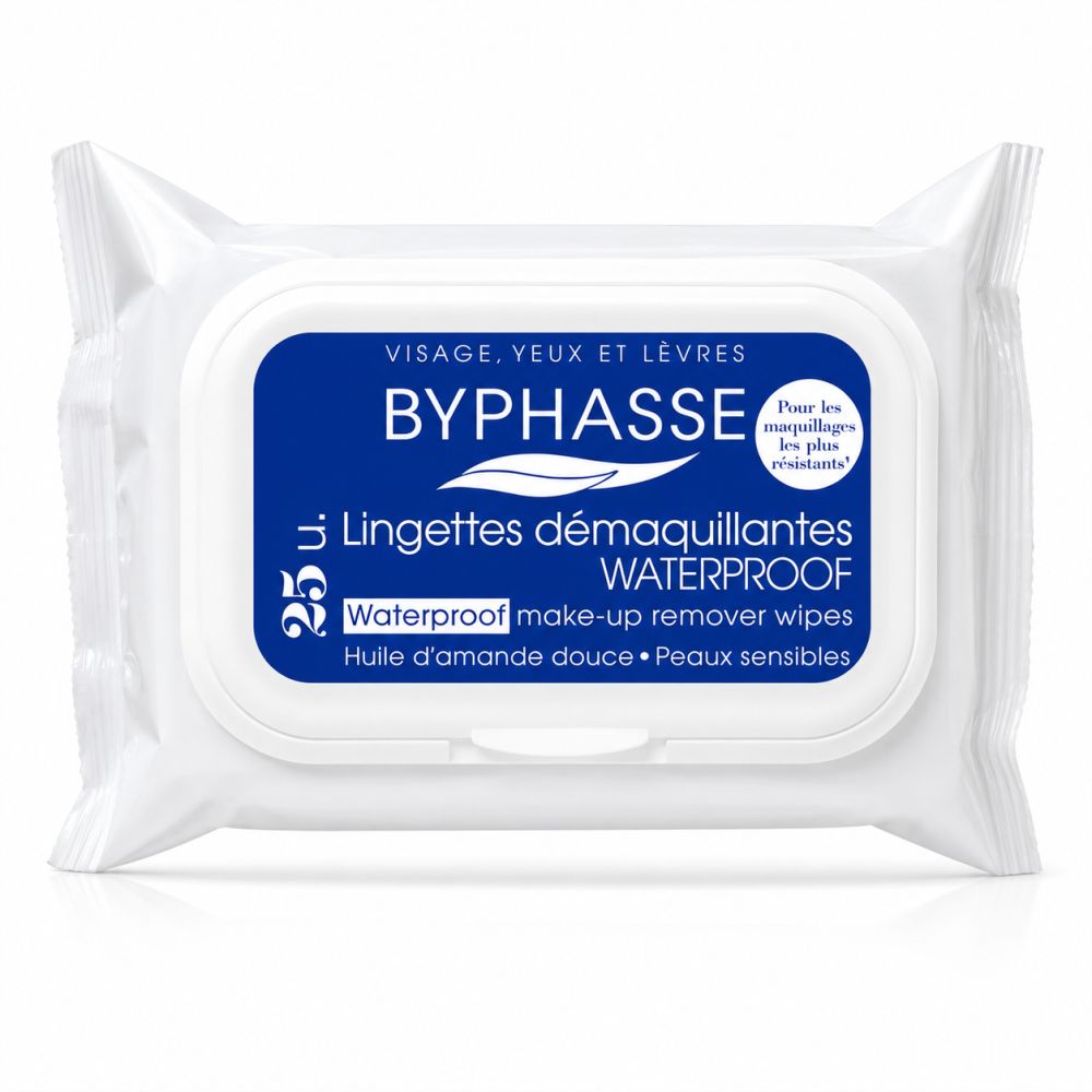BYPHASSE waterproof make-up remover wipes voor gezicht, ogen en lippen. Met zoete amandelolie voor de gevoelige huid.