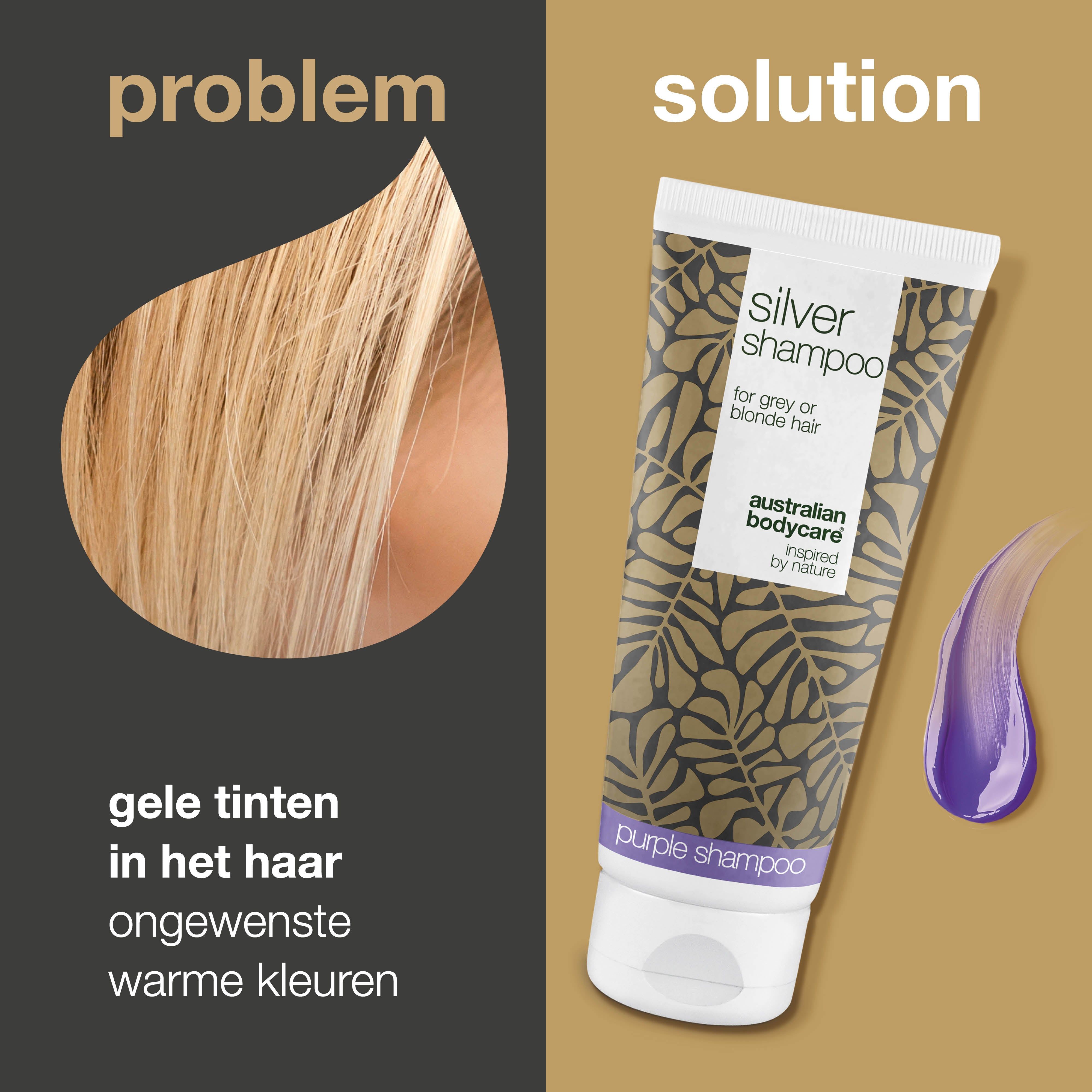 Haarlok en tube shampoo. Tekst: Silver Shampoo, voor grijs of blond haar. Merk: Australian Bodycare.