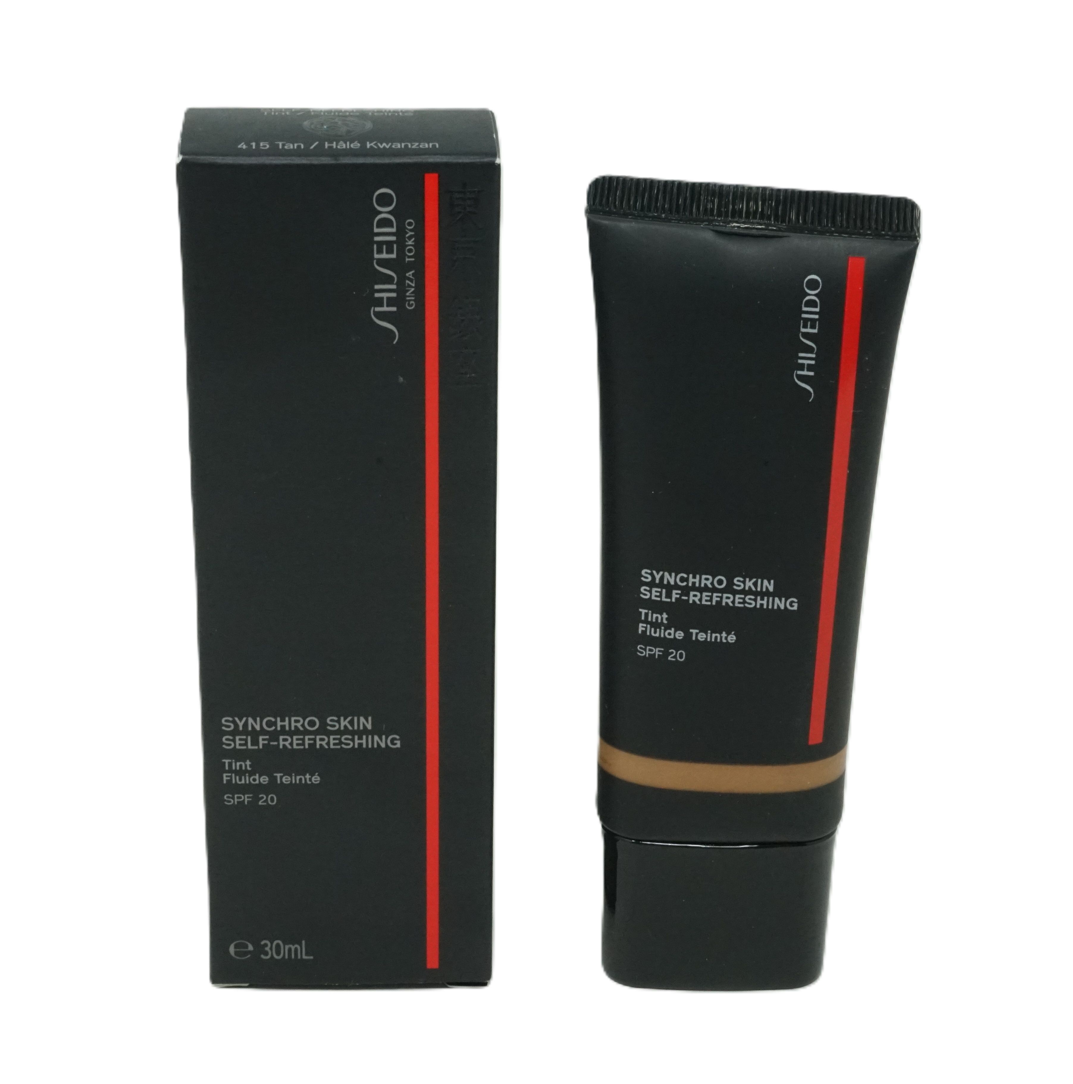 Tube et boîte noirs. Inscription: Shiseido, Synchro Skin Self-Refreshing Tint, SPF 20. Teinte 415.