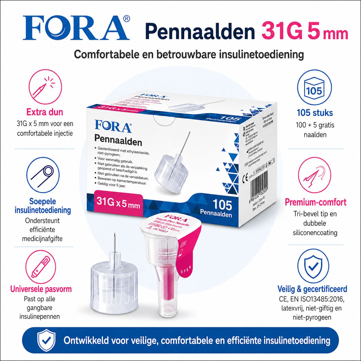 FORA Pennaalden 31G 5mm: Extra dun, soepel, universeel passend. 105 stuks. CE, ISO13485 gecertificeerd.
