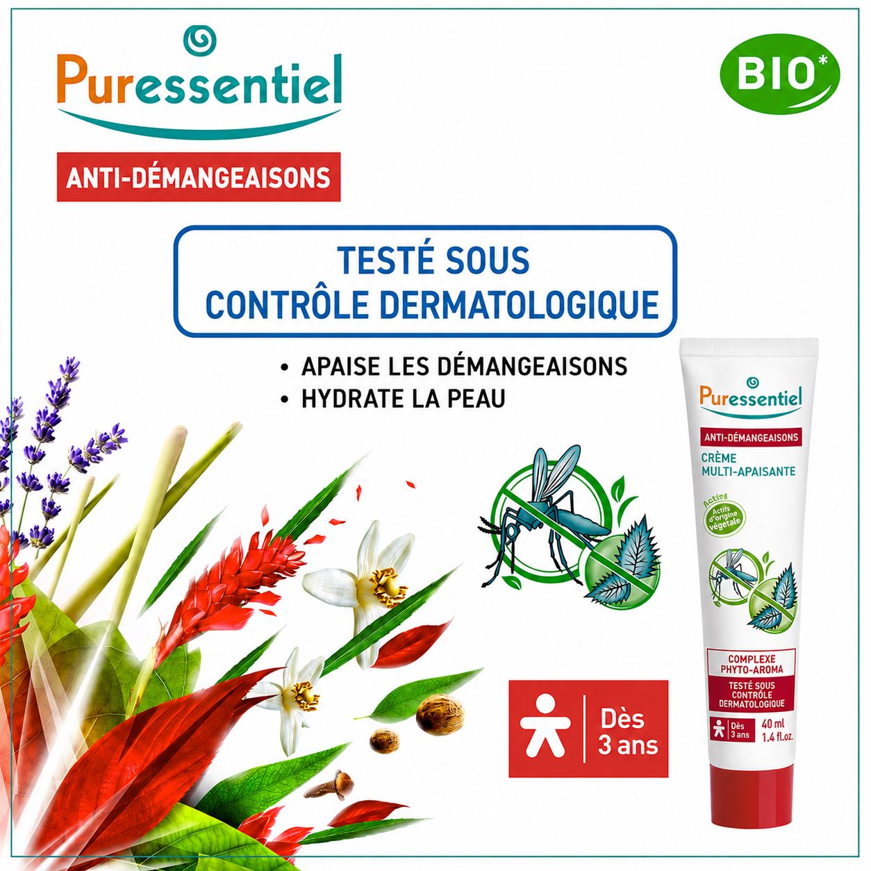 Tube de crème anti-démangeaisons Puressentiel avec herbes et symbole moustique. Testé dermatologiquement.