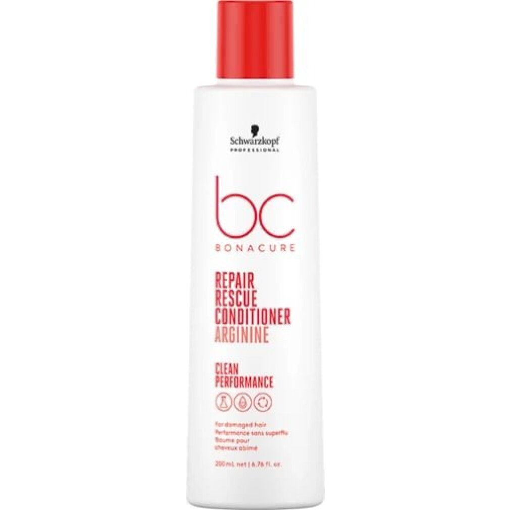 Witte fles met rode dop. Opschrift: Schwarzkopf Professional, bc Bonacure, Repair Rescue Conditioner Arginine. Voor beschadigd haar.