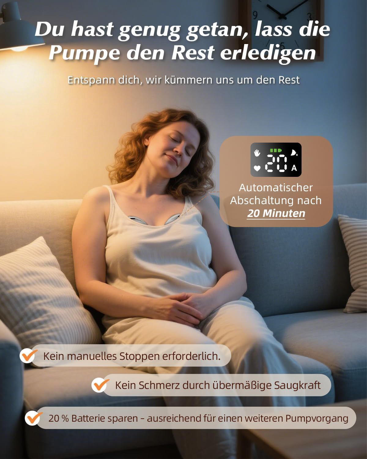 Femme se détendant sur un canapé, tire-lait KISSBOBO avec arrêt automatique de 20 minutes.