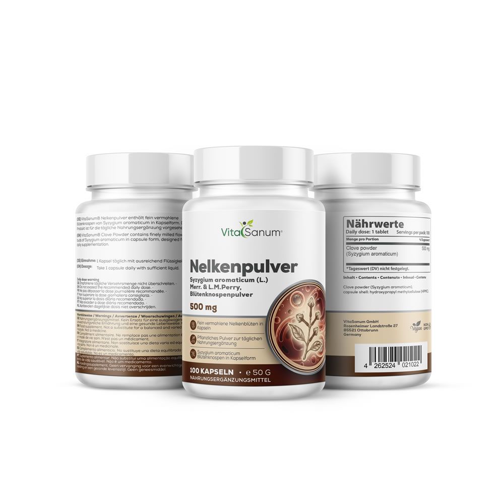 Trois flacons de gélules. Flacon central : Nelkenpulver, 500 mg, 100 gélules. Logo VitaSanum. Deux autres flacons en arrière-plan.