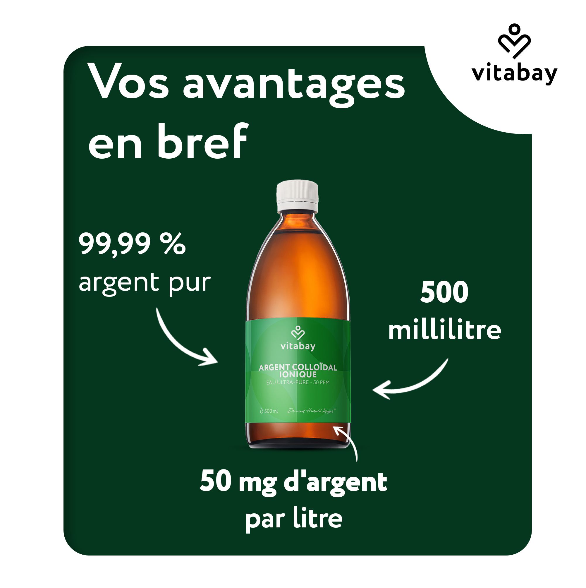 Bouteille en verre brun, 500ml. Texte sur les avantages : 99,99% d'argent, 50mg d'argent par litre.