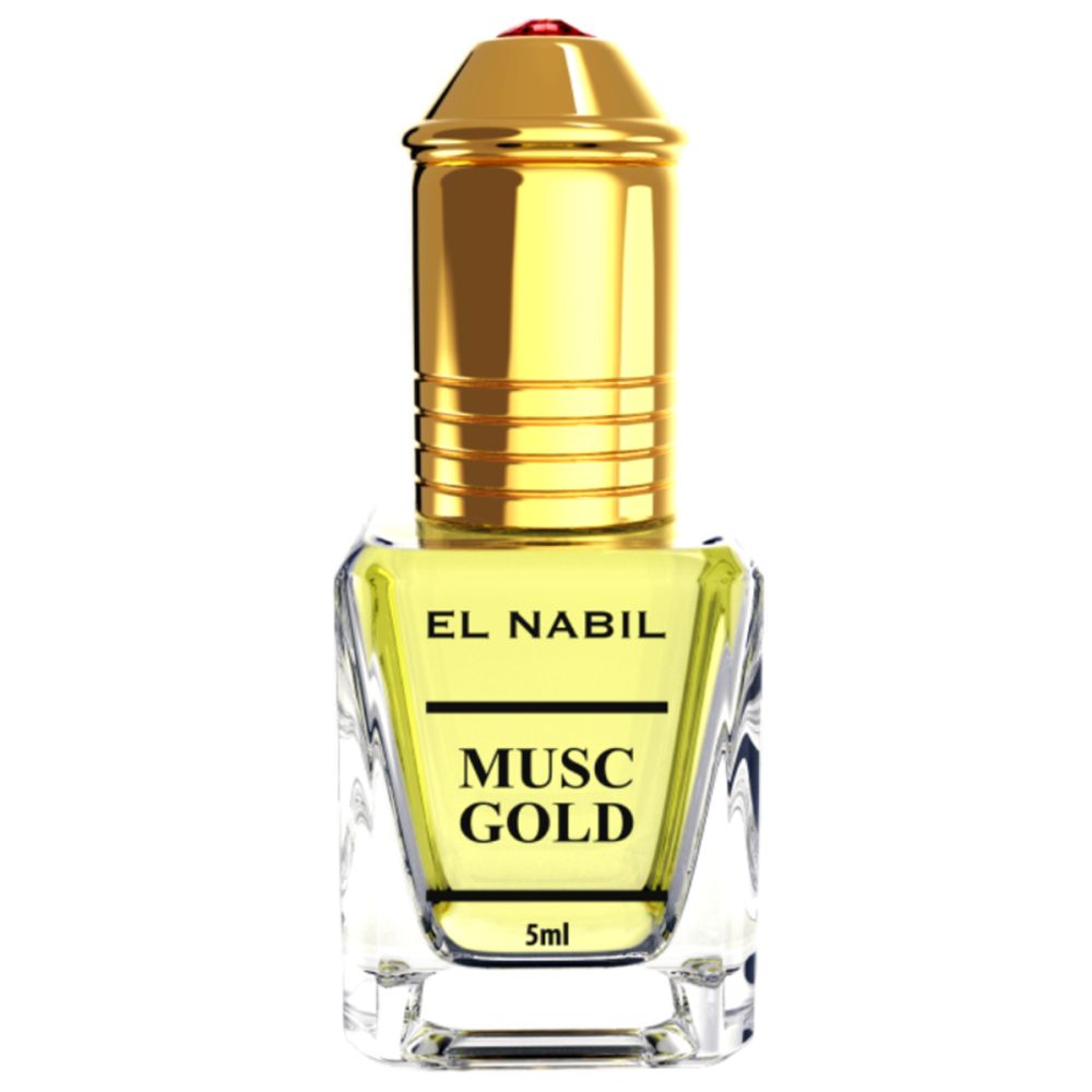 Flacon avec bouchon doré. Inscription: EL NABIL, MUSC GOLD, 5ml.