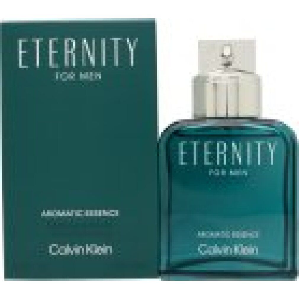 Flacon et emballage turquoise. Inscription: Eternity for Men, Aromatic Essence, Calvin Klein. 100 ml.