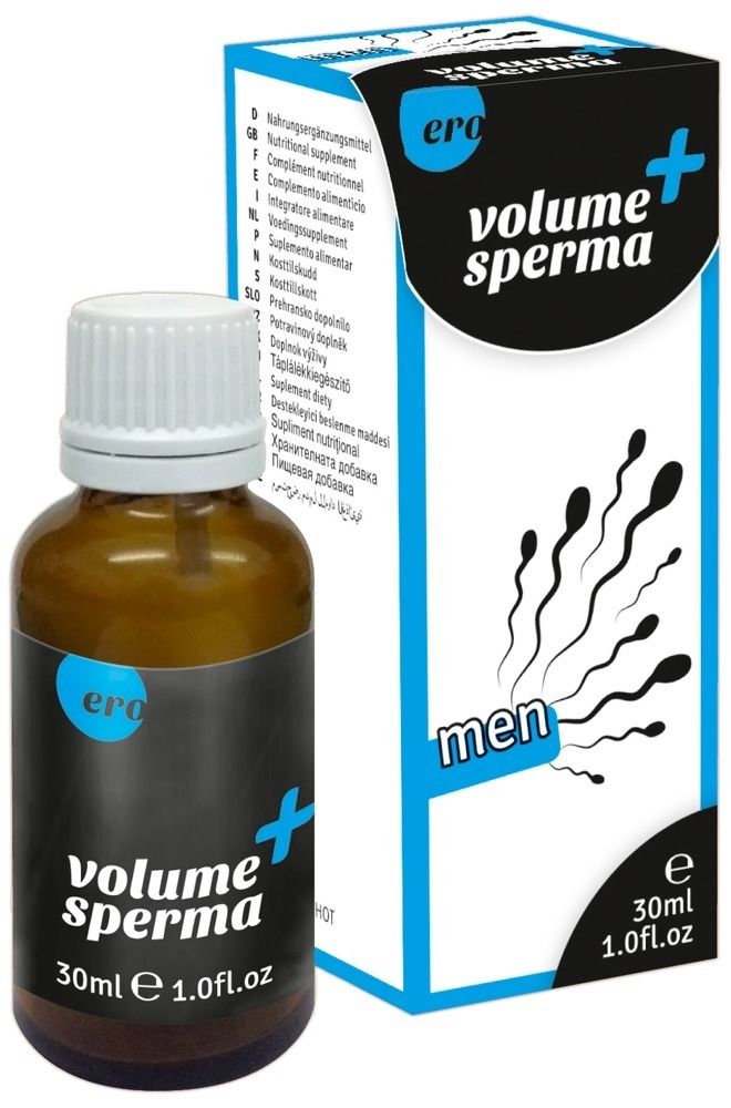 Productverpakking met op spermatozoïden lijkende symbolen, tekst 'volume sperma' en 'men'.