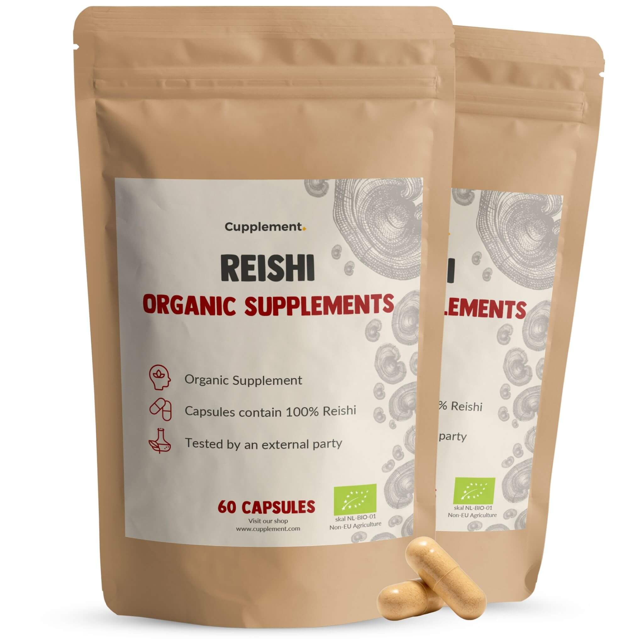 Deux sachets de Cupplement Reishi 500 mg BIO. Inscription : Reishi Organic Supplements, 60 gélules. Deux gélules à côté.