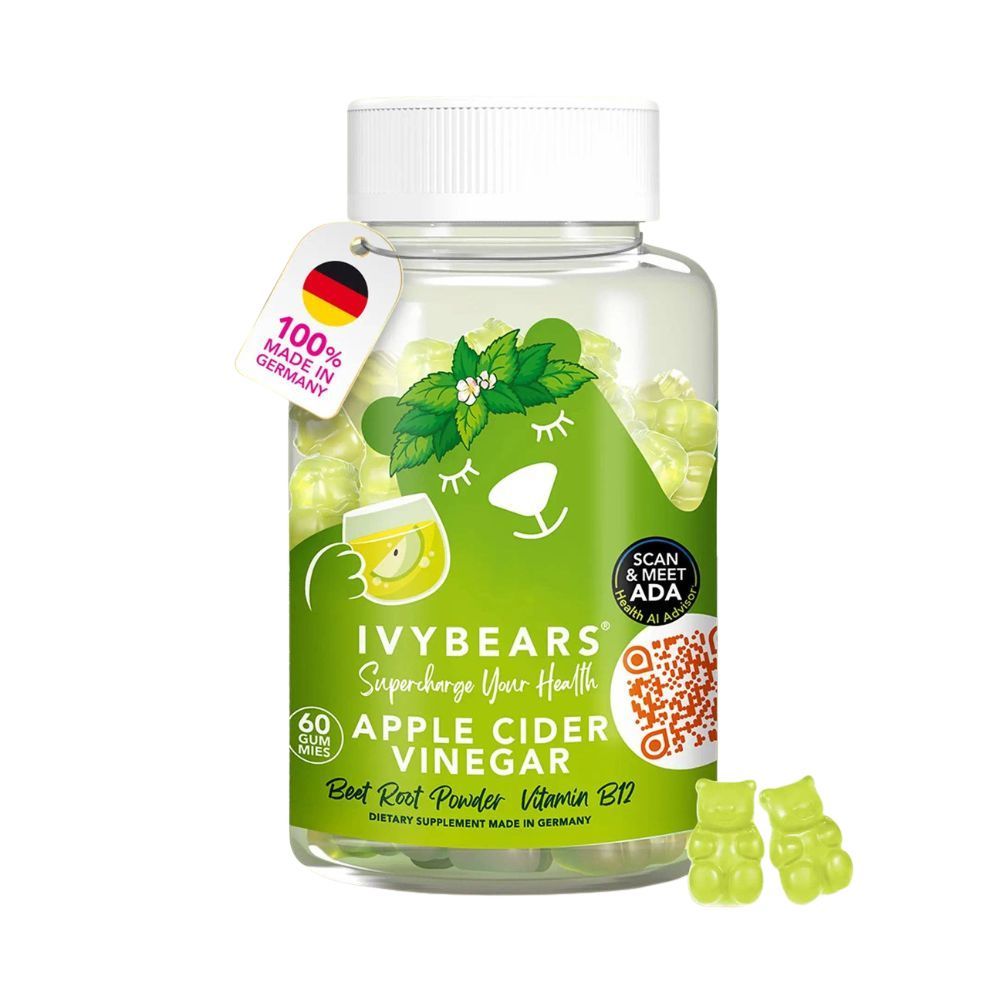 Transparante fles met groene gummyberen. Label "IvyBears Apple Cider Vinegar". Zegel "Made in Germany". Twee gummyberen ernaast.