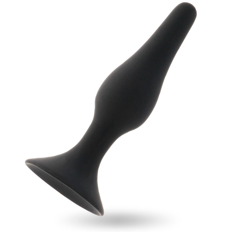 Bouchon anal noir en silicone avec une large base ventouse pour la stabilité.
