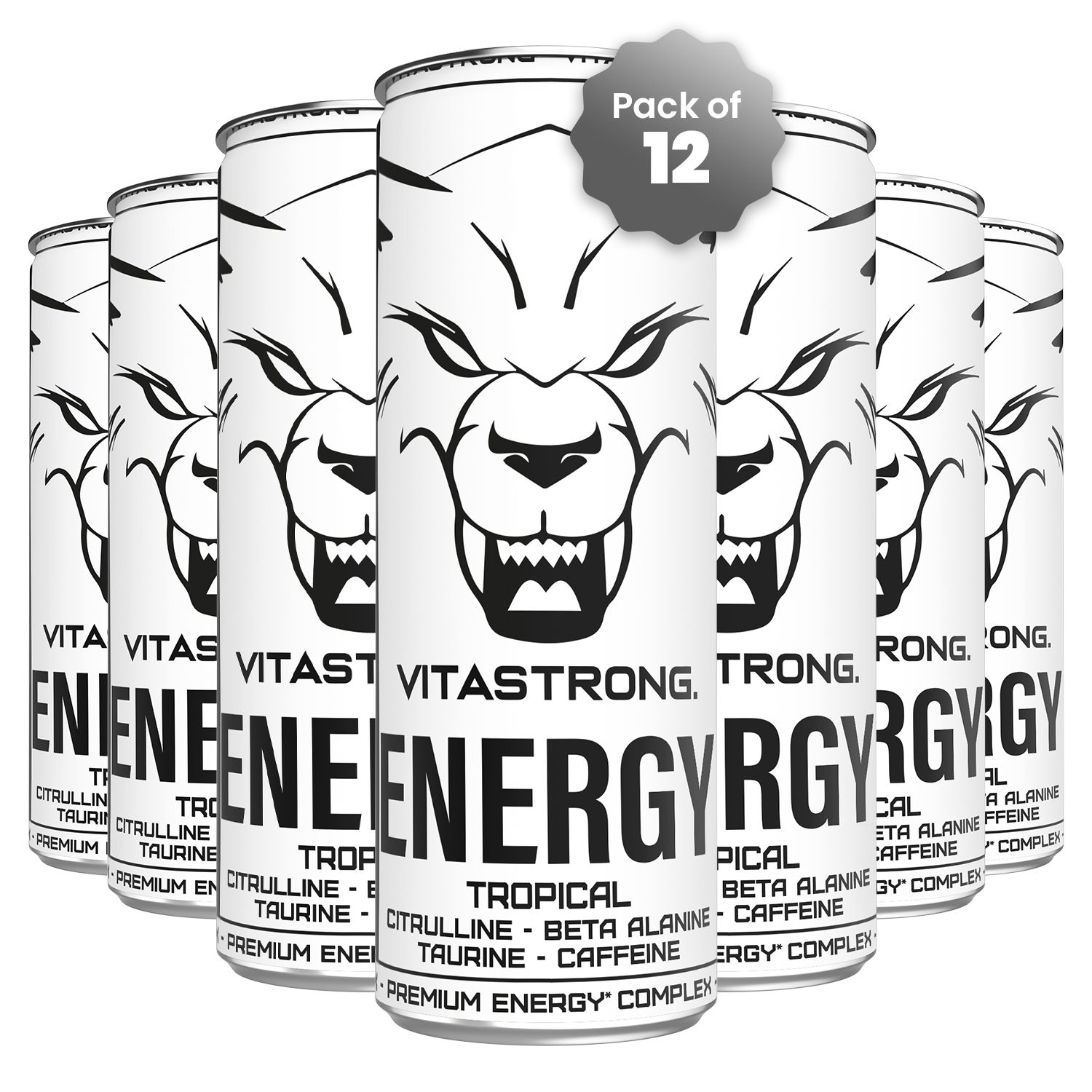 Meerdere blikken VITASTRONG ENERGY, verpakking van 12. Wolfsgezicht op blik.