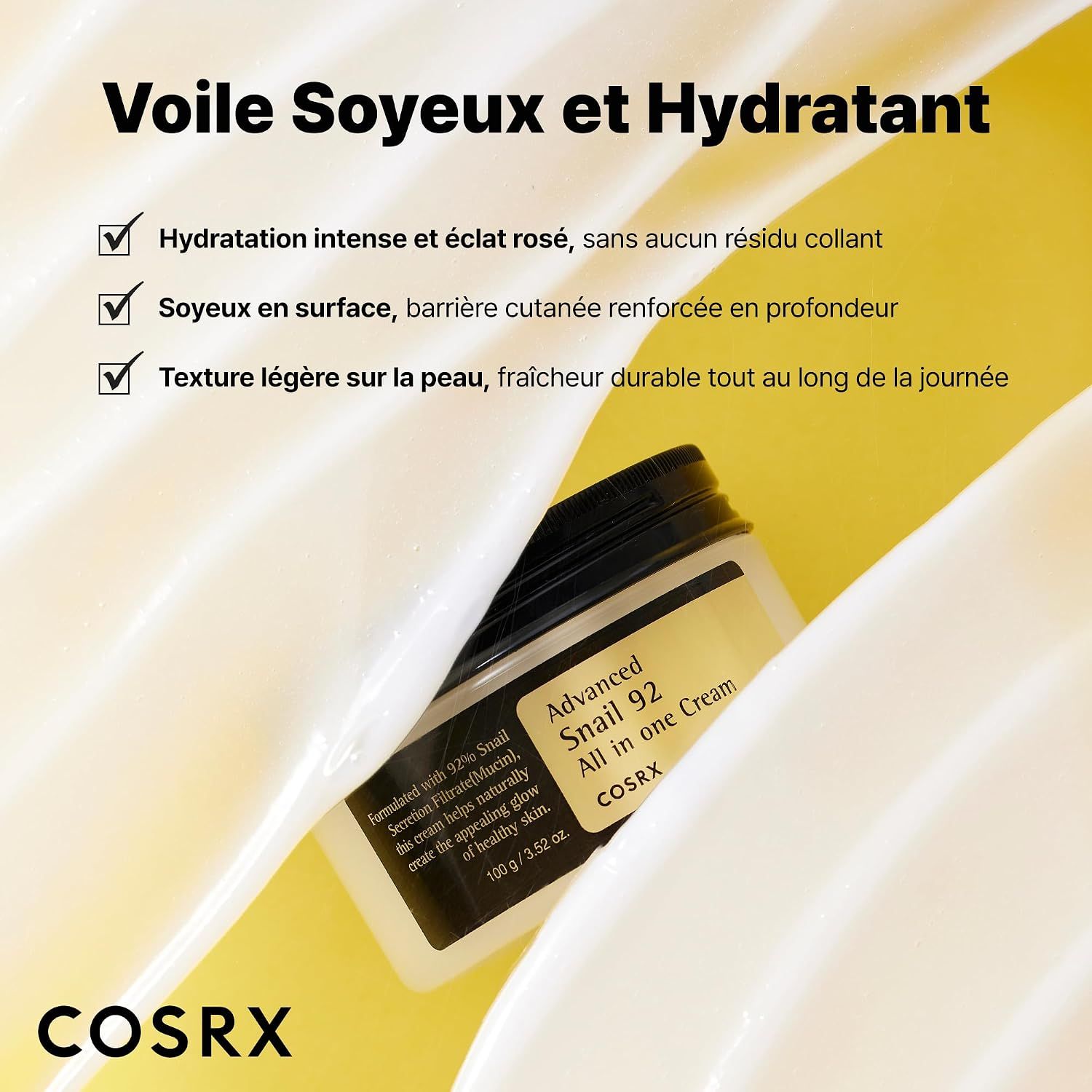 Crème d'escargot COSRX enveloppée dans une texture soyeuse et hydratante.