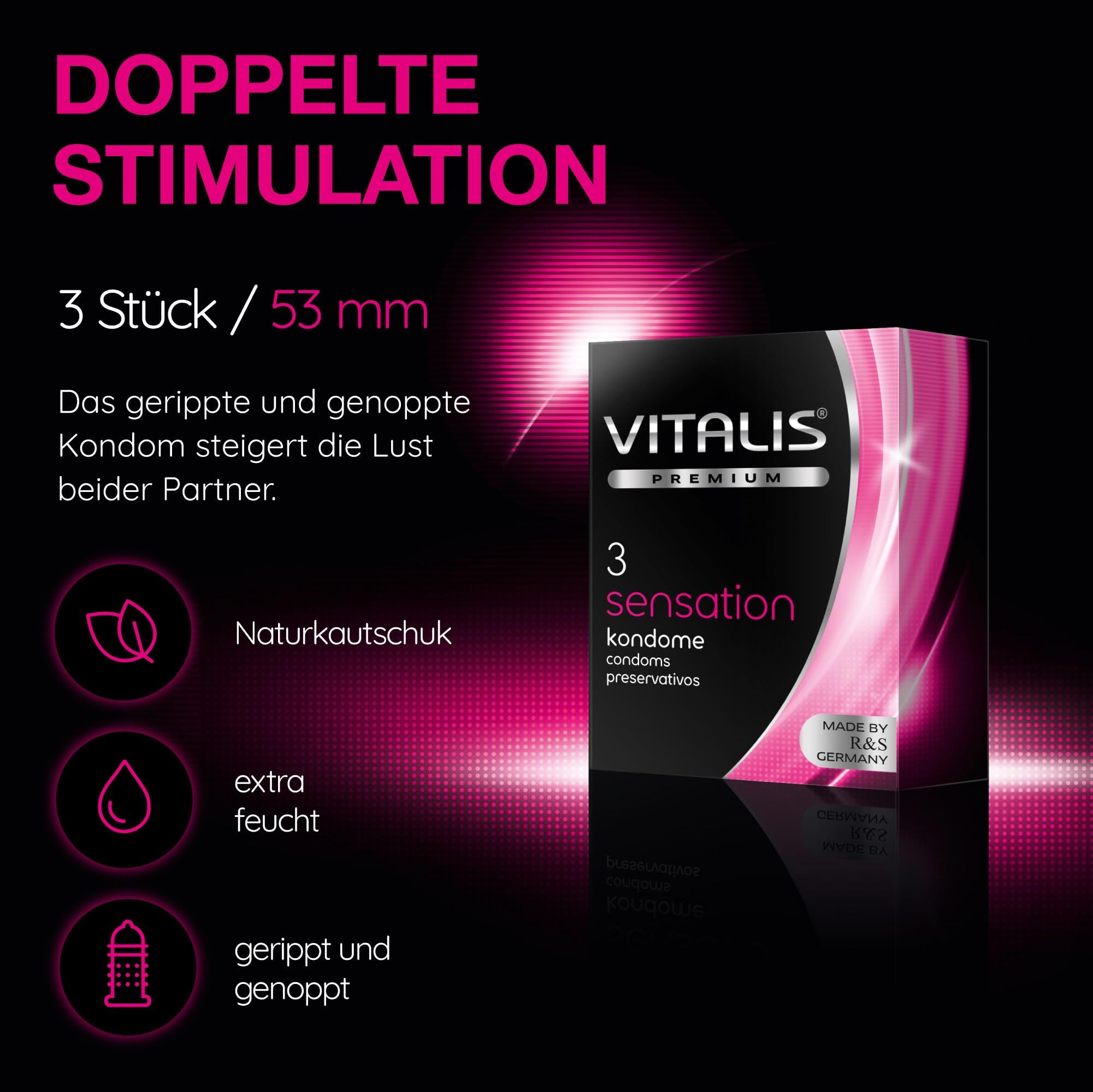 Vitalis PREMIUM Sensation: 3 pièces, 53 mm. Rainuré et texturé pour la stimulation.