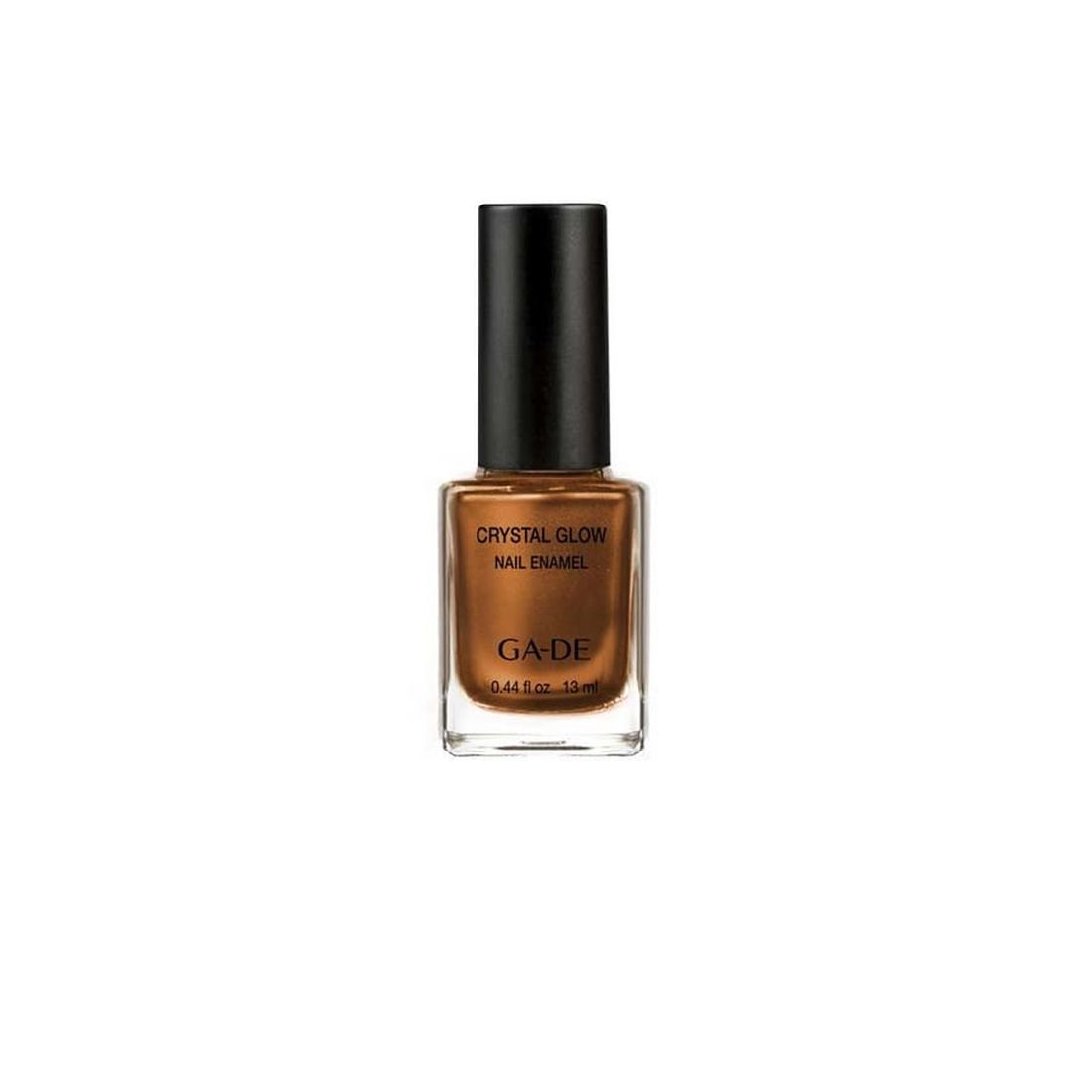 Flacon de vernis à ongles marron. Bouchon noir. Inscription : Crystal Glow Nail Enamel, GA-DE.