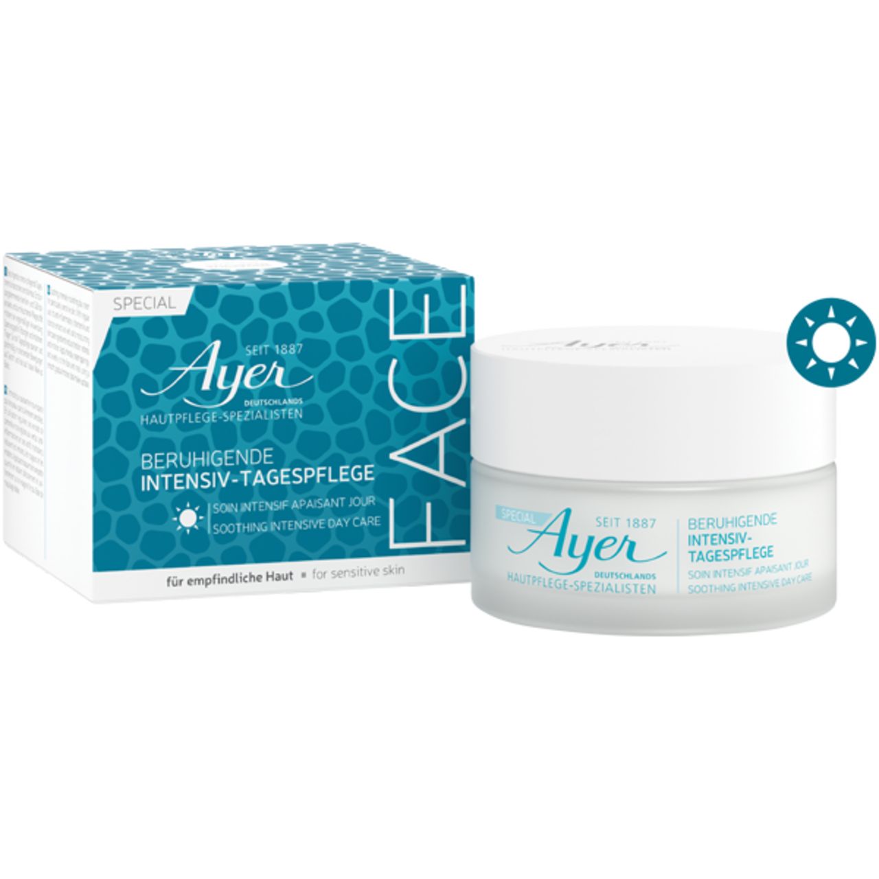 Ayer Spécialistes Soins de la Peau Soin de Jour Intensif Apaisant en pot et boîte.