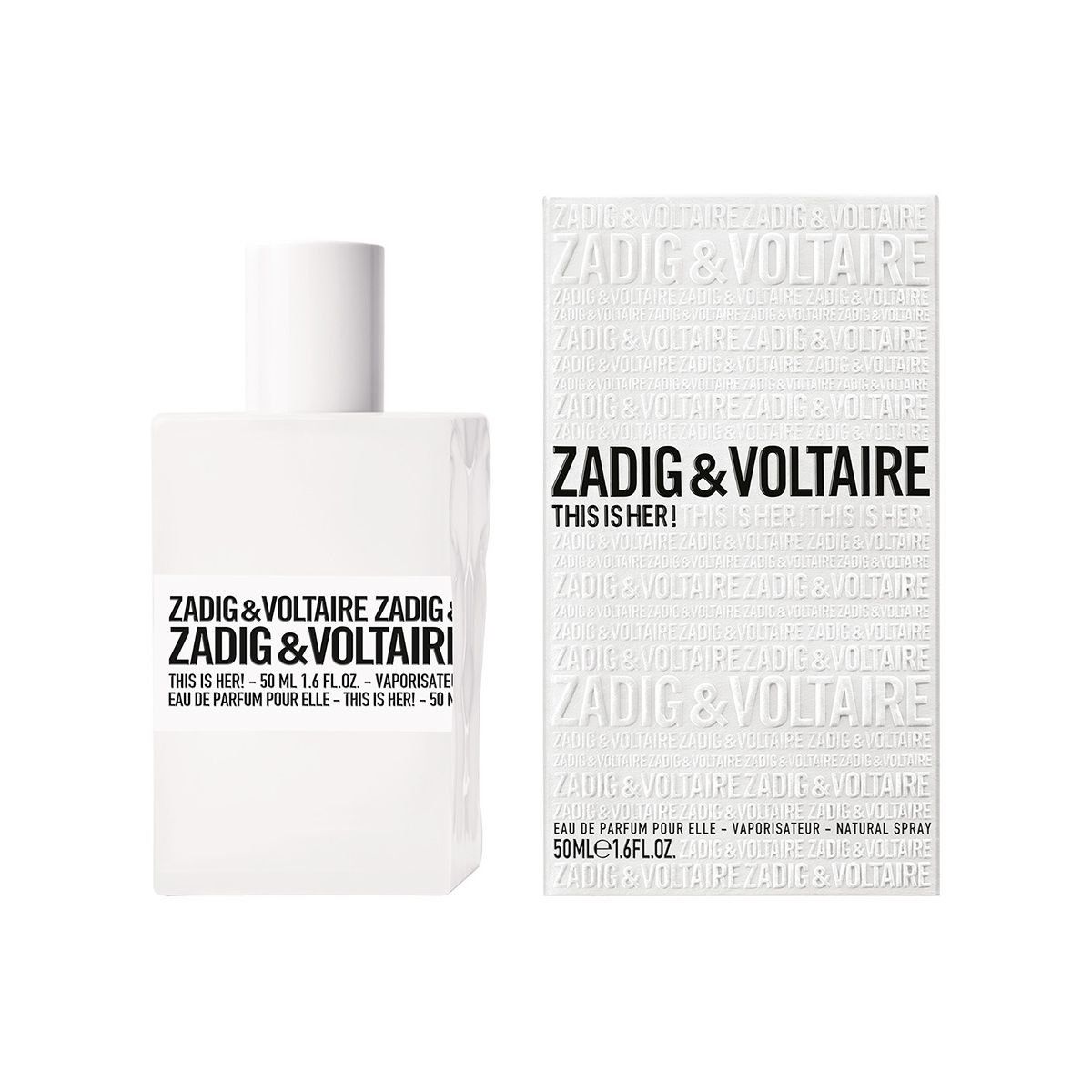 Witte fles en verpakking. Opschrift: Zadig & Voltaire, This is Her! Tekst: Eau de Parfum pour elle, 50ml.