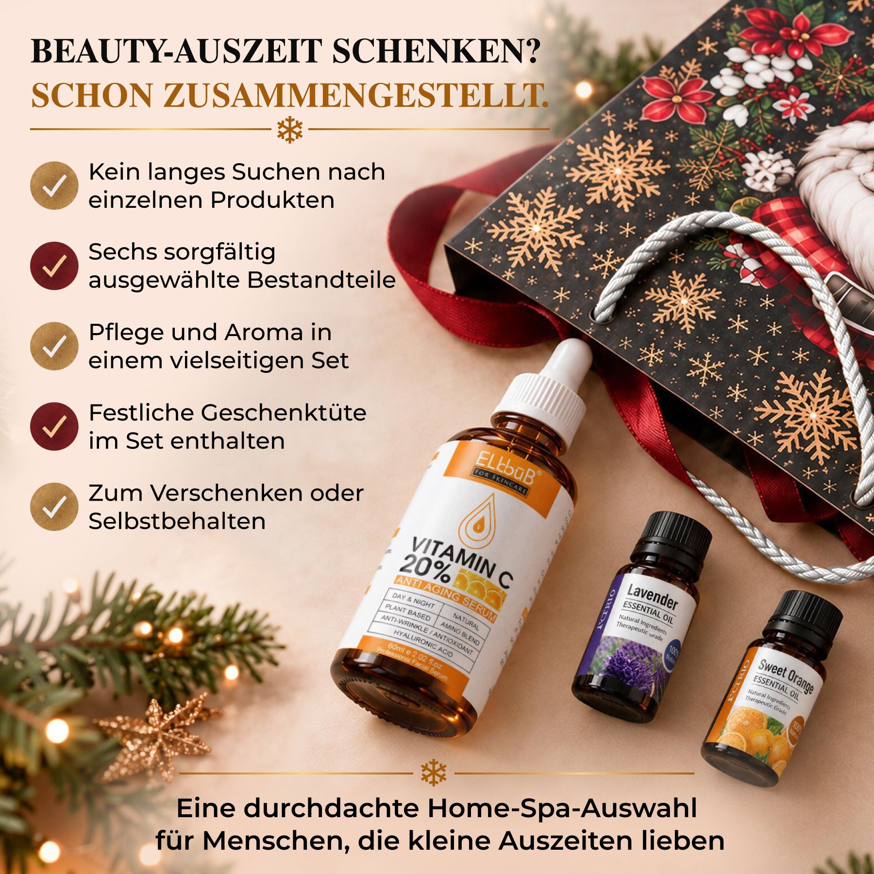Contenu d'un coffret cadeau : sérum à la vitamine C et huiles essentielles dans un sac cadeau.