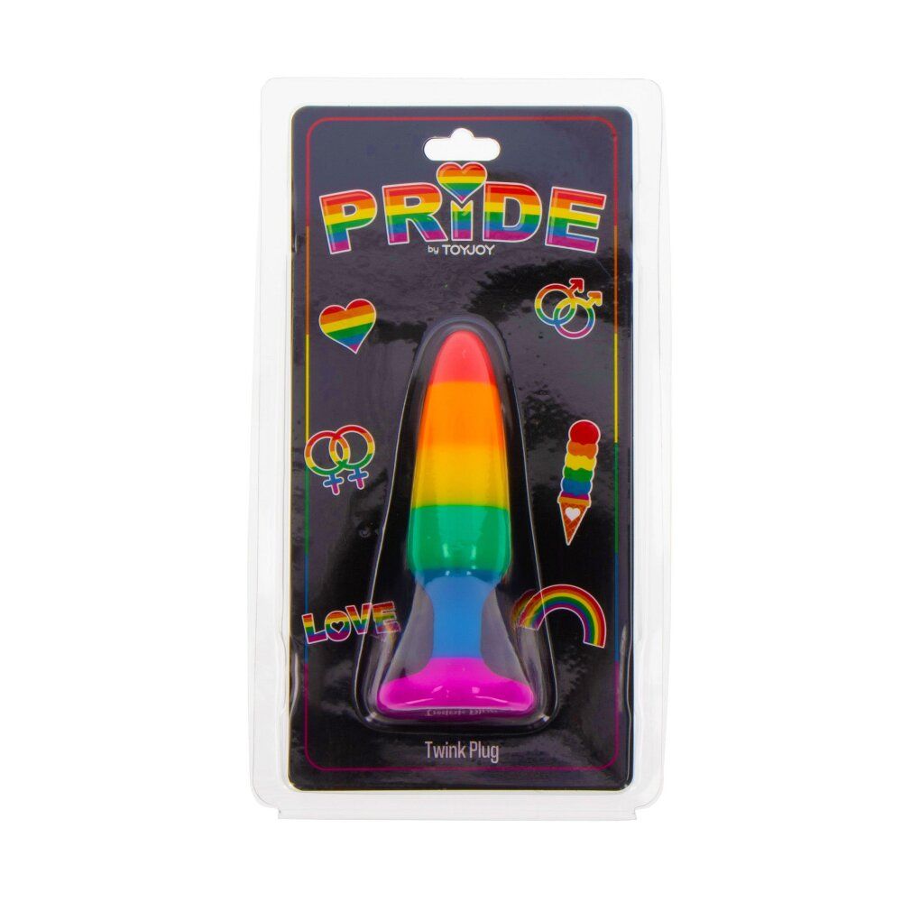 Verpakte regenboog anale plug met Pride logo en symbolen.