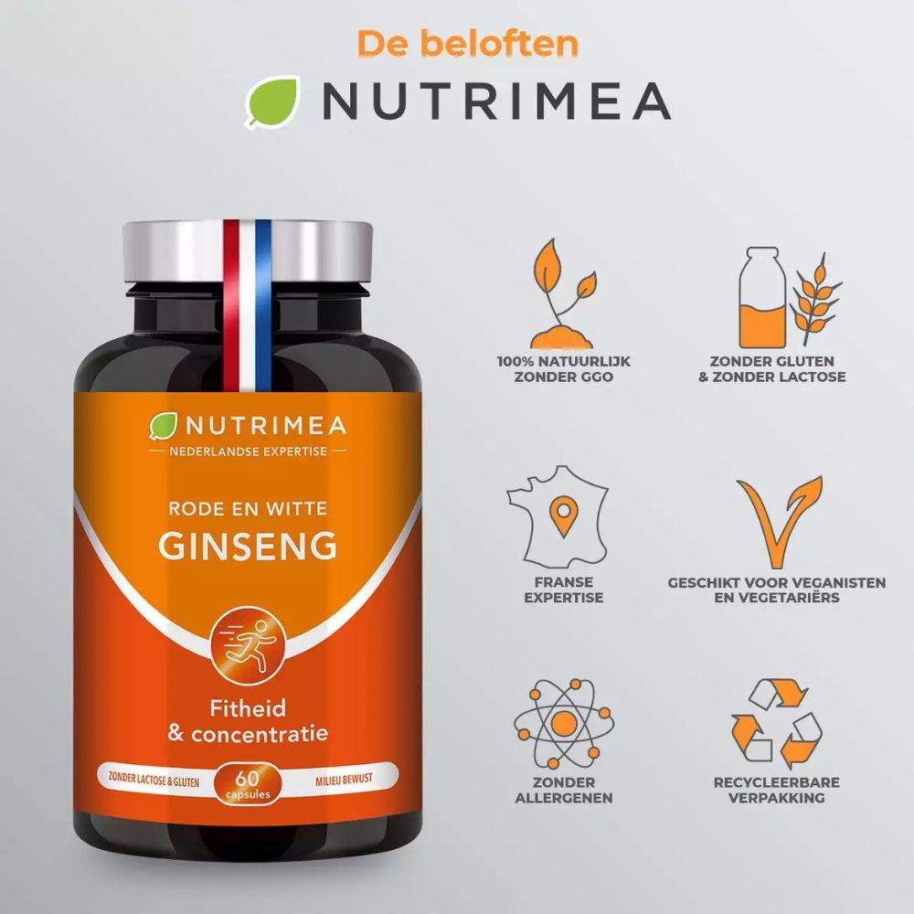Fles Nutrimea GINSENG. Tekst: Fitheid & concentratie, 60 capsules, 100% natuurlijk, zonder GGO, glutenvrij & lactosevrij, veganistisch, recyclebare verpakking.
