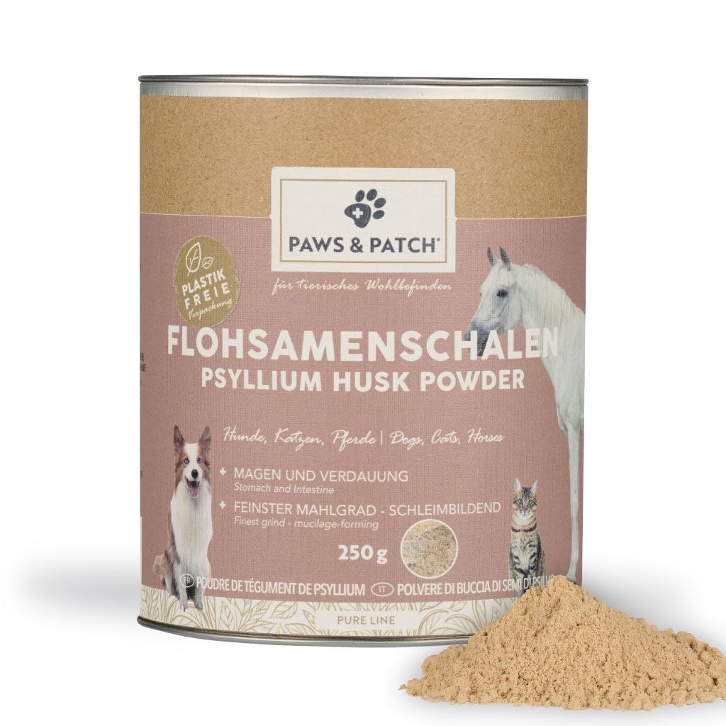Blik met PAWS & PATCH psyllium husk poeder. Opschrift: 250g. Afbeelding van hond, kat en paard. Tekst: Maag en spijsvertering.