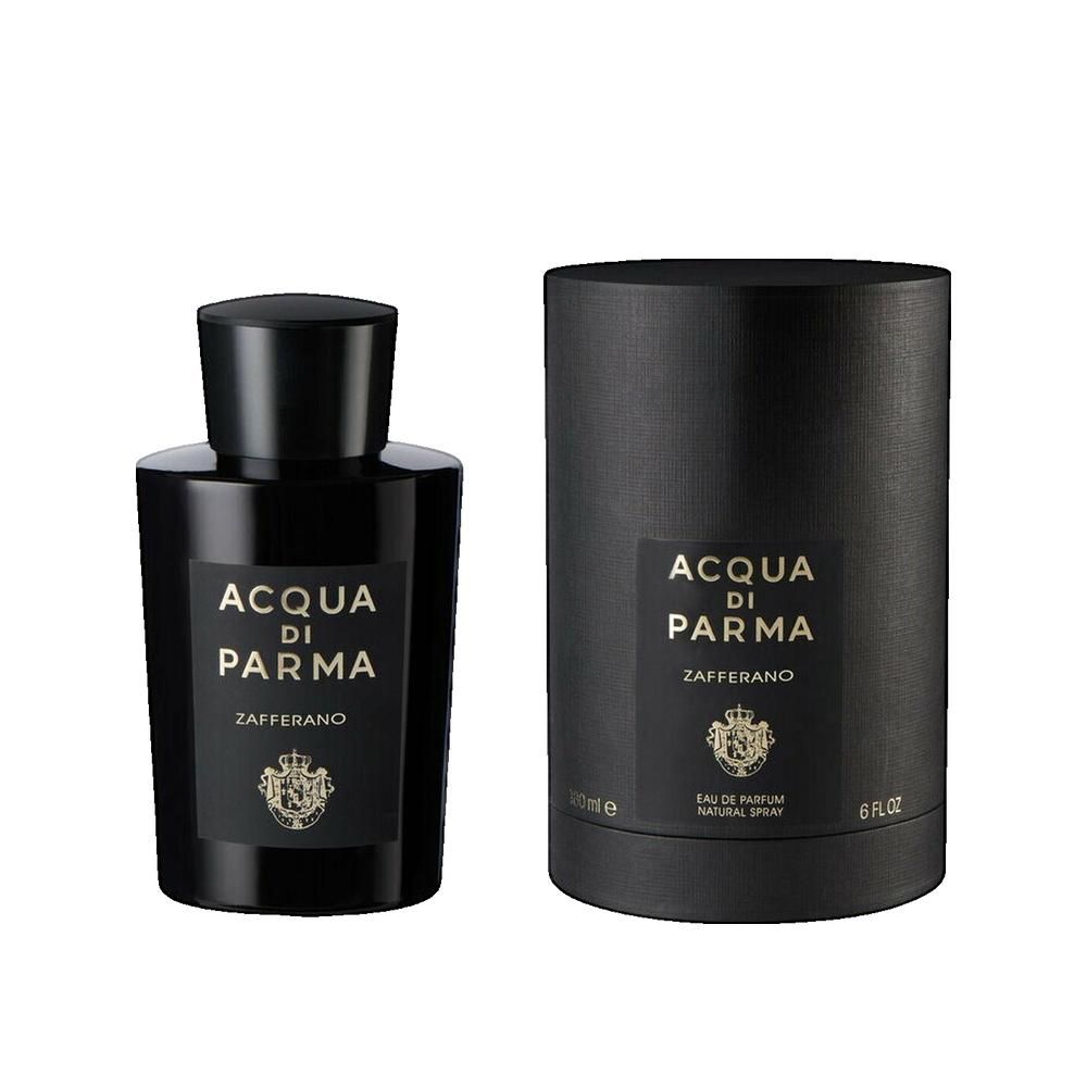 Zwarte fles en cilindrische verpakking. Opschrift: ACQUA DI PARMA Zafferano. 125ml, Eau de Parfum, Natural Spray.