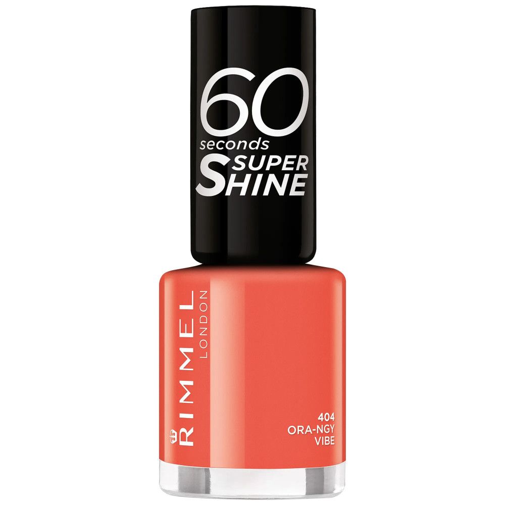 Flacon de vernis à ongles corail. Bouchon noir avec logo "60 seconds SUPER SHINE". Inscription "RIMMEL LONDON".