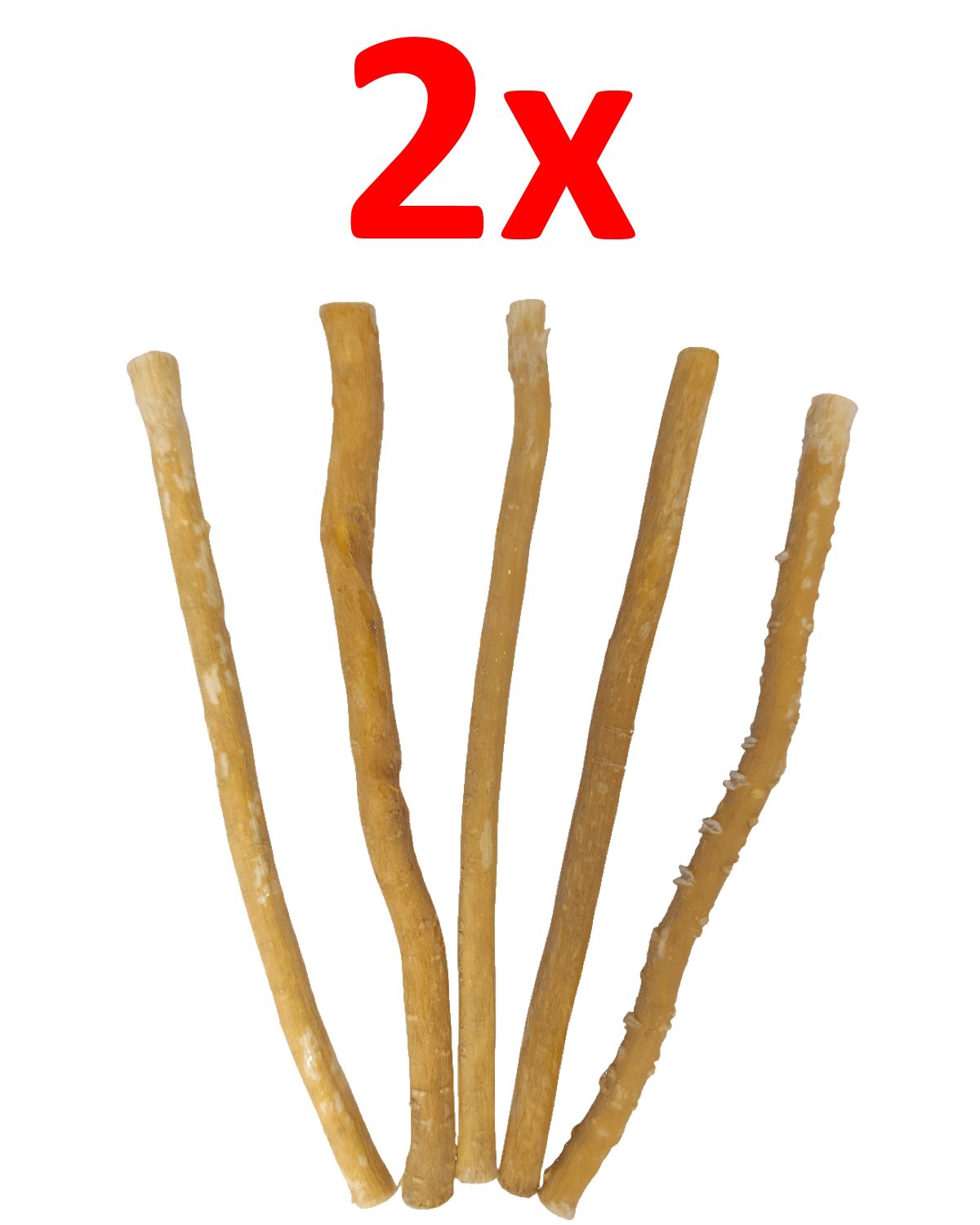 Cinq bâtonnets de siwak avec inscription rouge '2x'. Couleur naturelle, forme irrégulière.