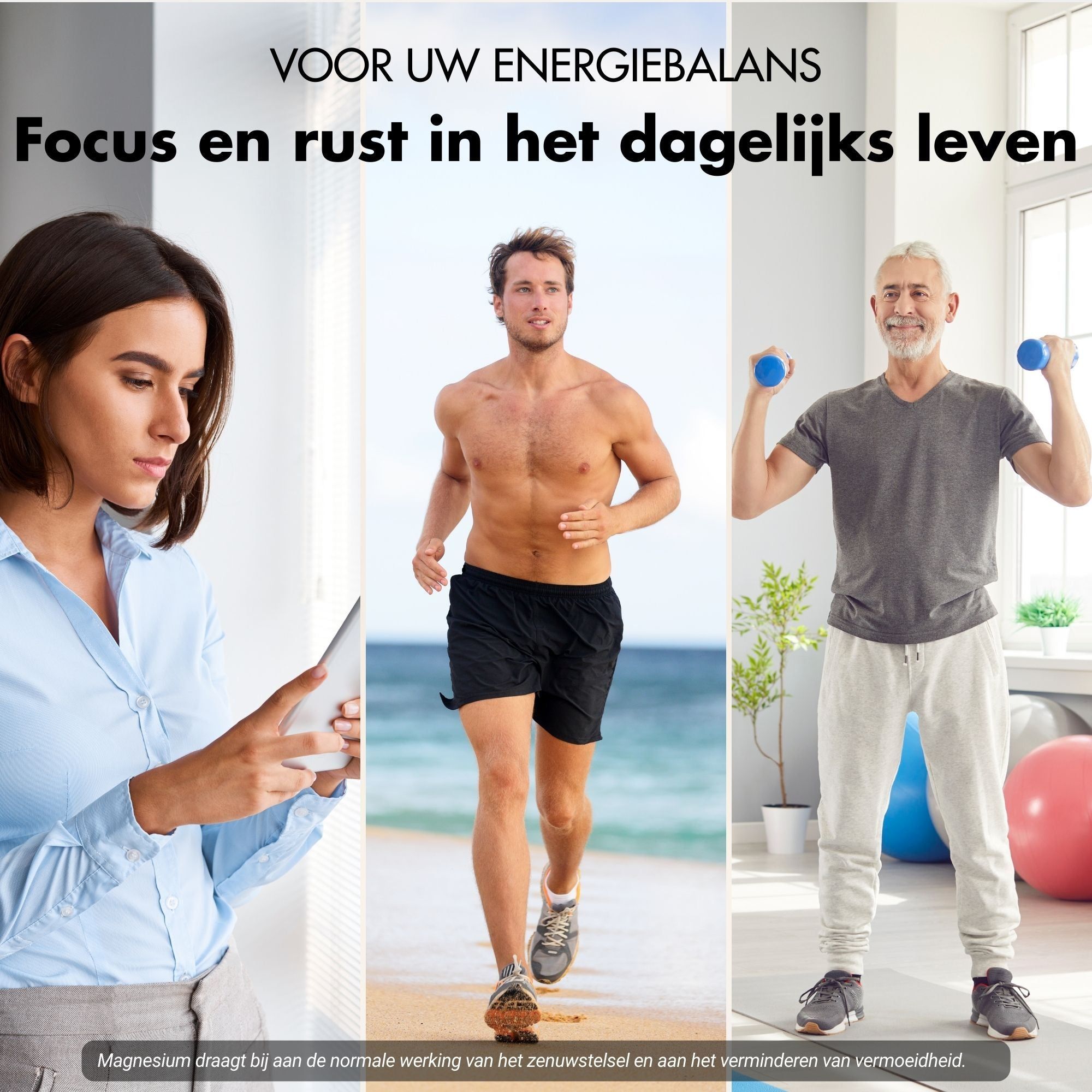 Drie personen. Vrouw met tablet, man jogt, man met halters. Witte achtergrond.