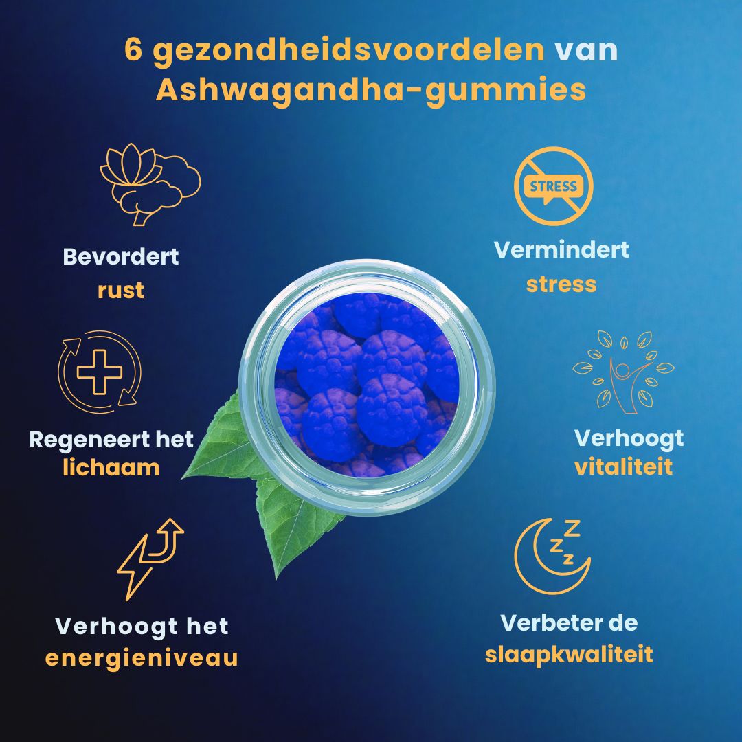 Potje Ashwagandha gummies. Zes voordelen: rust, stressvermindering, lichaamsregeneratie, vitaliteit, energieniveau, slaapkwaliteit.
