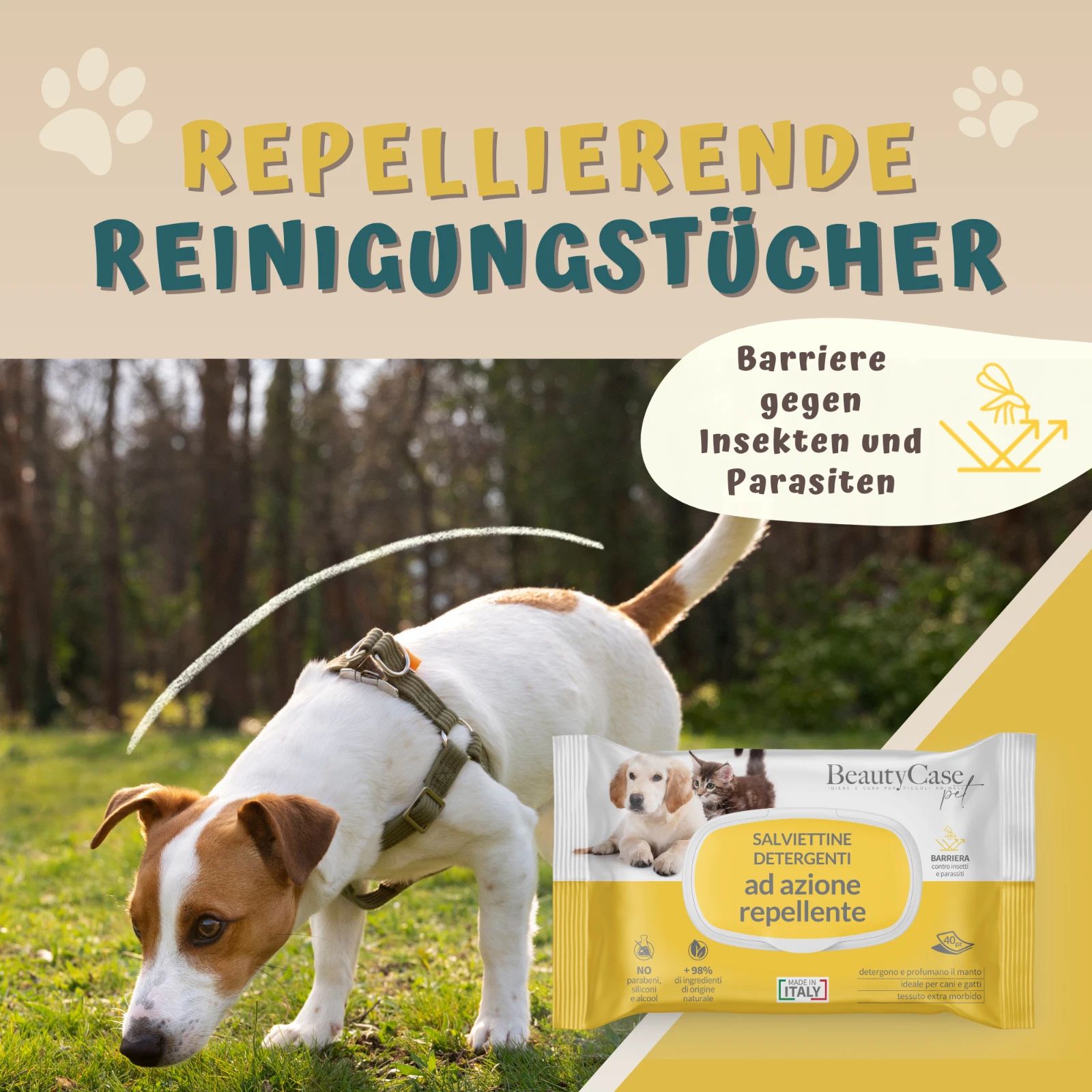 Chien dans l'herbe. Texte: Lingettes nettoyantes répulsives, barrière contre les insectes et les parasites. Paquet de lingettes.
