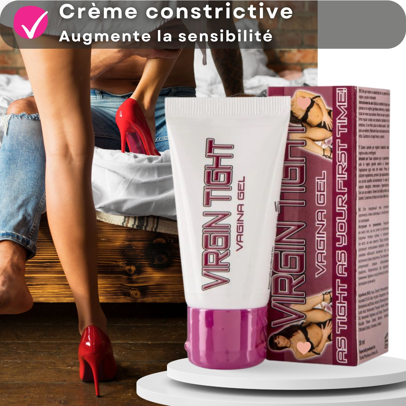 Tube blanc et rose VIRGIN TIGHT VAGINA GEL. Couple en arrière-plan. Chaussures rouges.