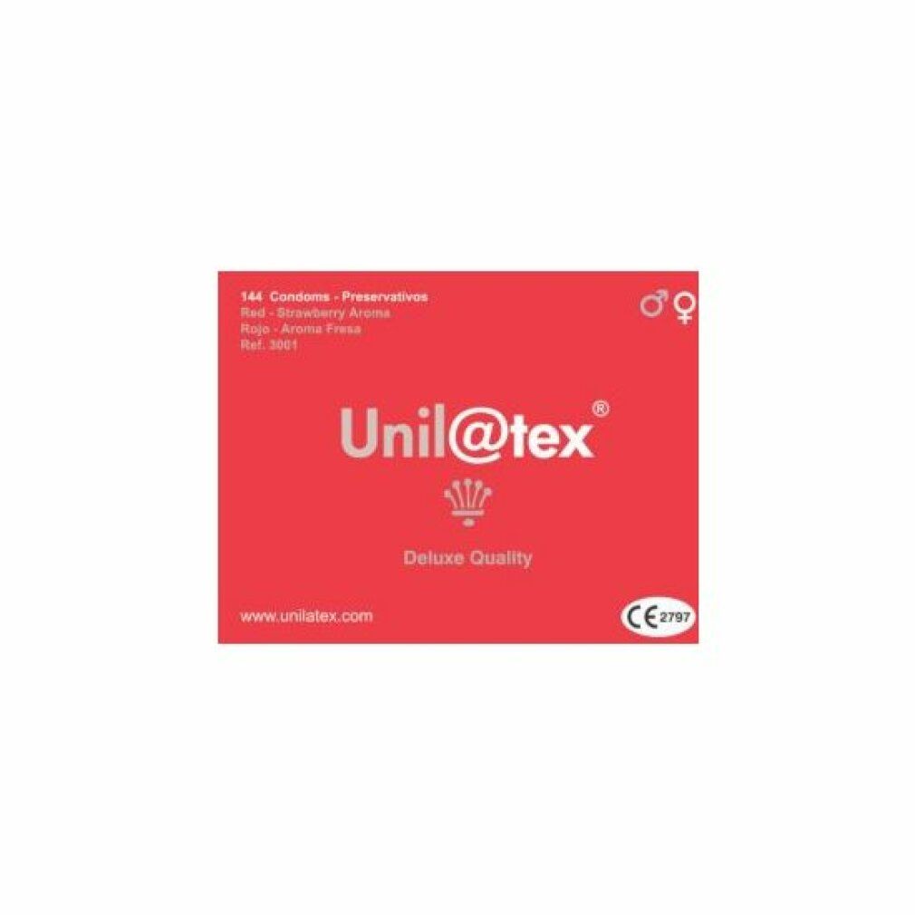 Boîte rouge Unil@tex, 144 préservatifs, arôme fraise. Marquage CE.