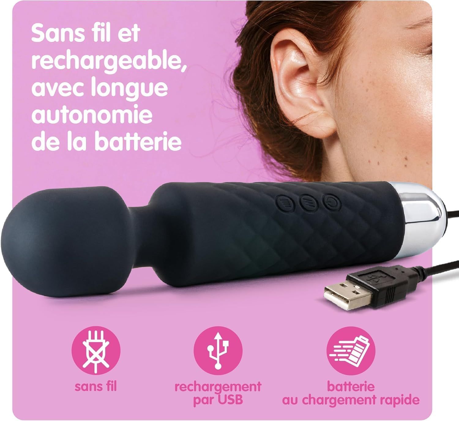 Vibrateur noir avec câble de chargement USB et trois boutons.