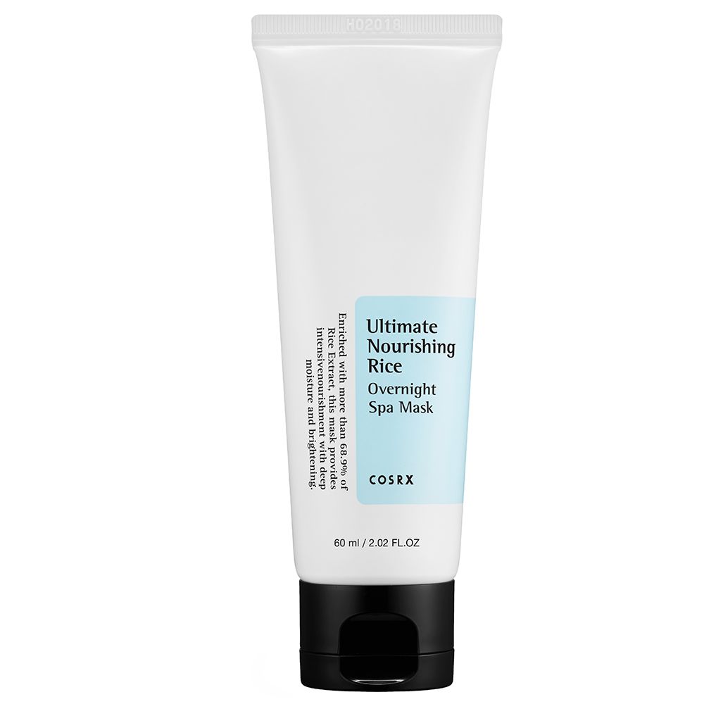 Witte tube met zwarte dop, op blauwe achtergrond met romige textuur en tekst.