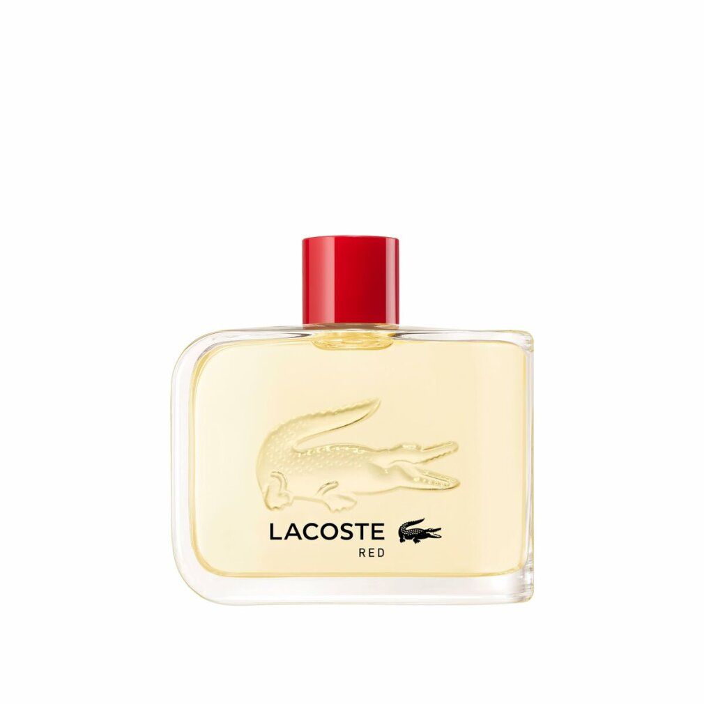 Lacoste Eau de Toilette Touche Rouge fles met rode dop en krokodil reliëf. Doos met krokodil logo.