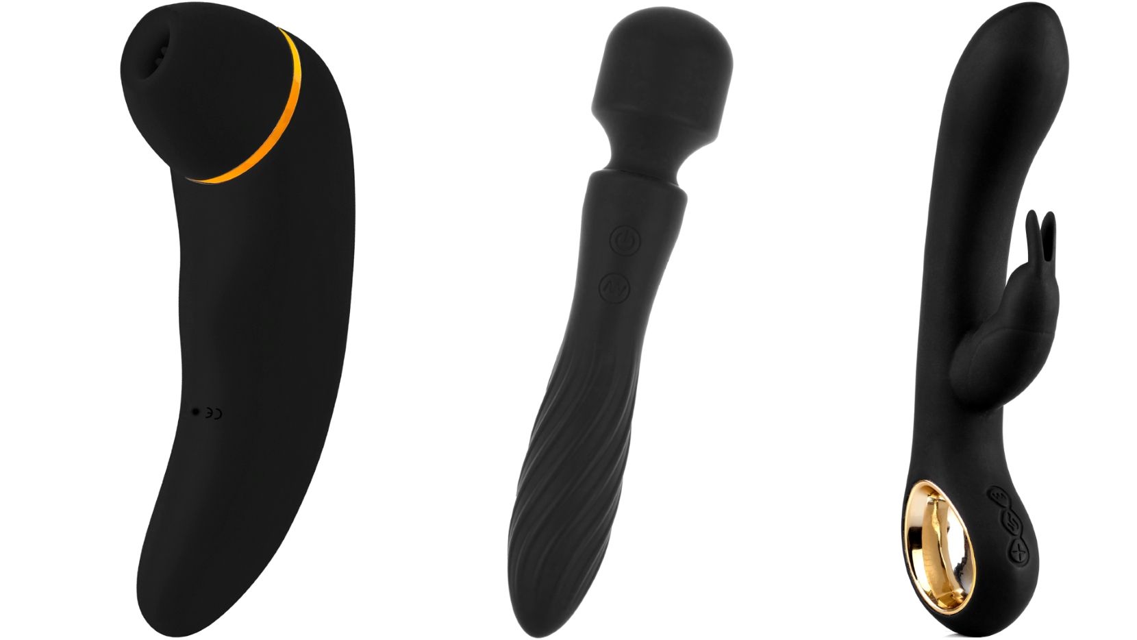 Trois vibromasseurs noirs. Différentes formes et accessoires.