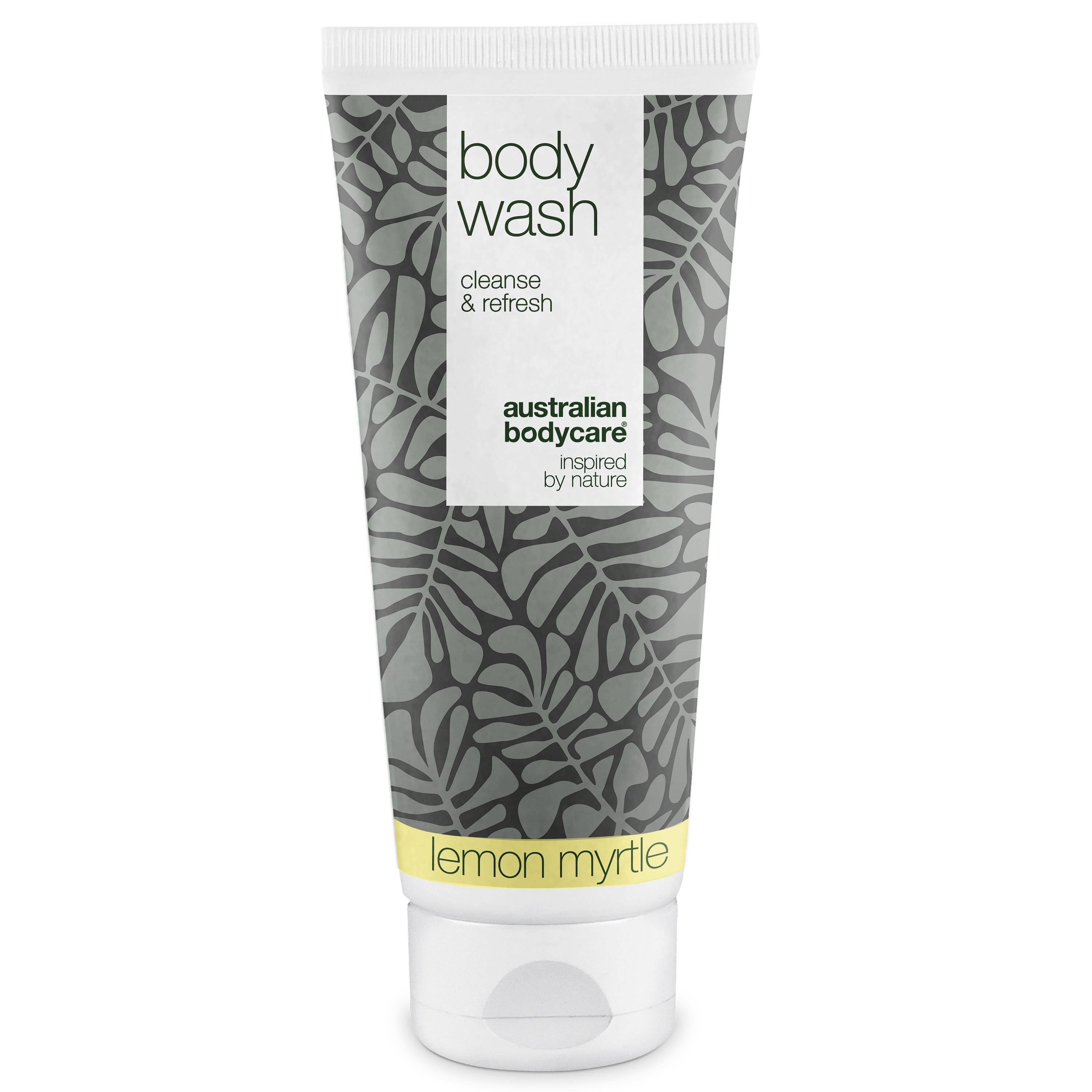 Witte en grijze tube met "Body Wash" erop. Merk: Australian Bodycare. Opschrift: "Lemon Myrtle".